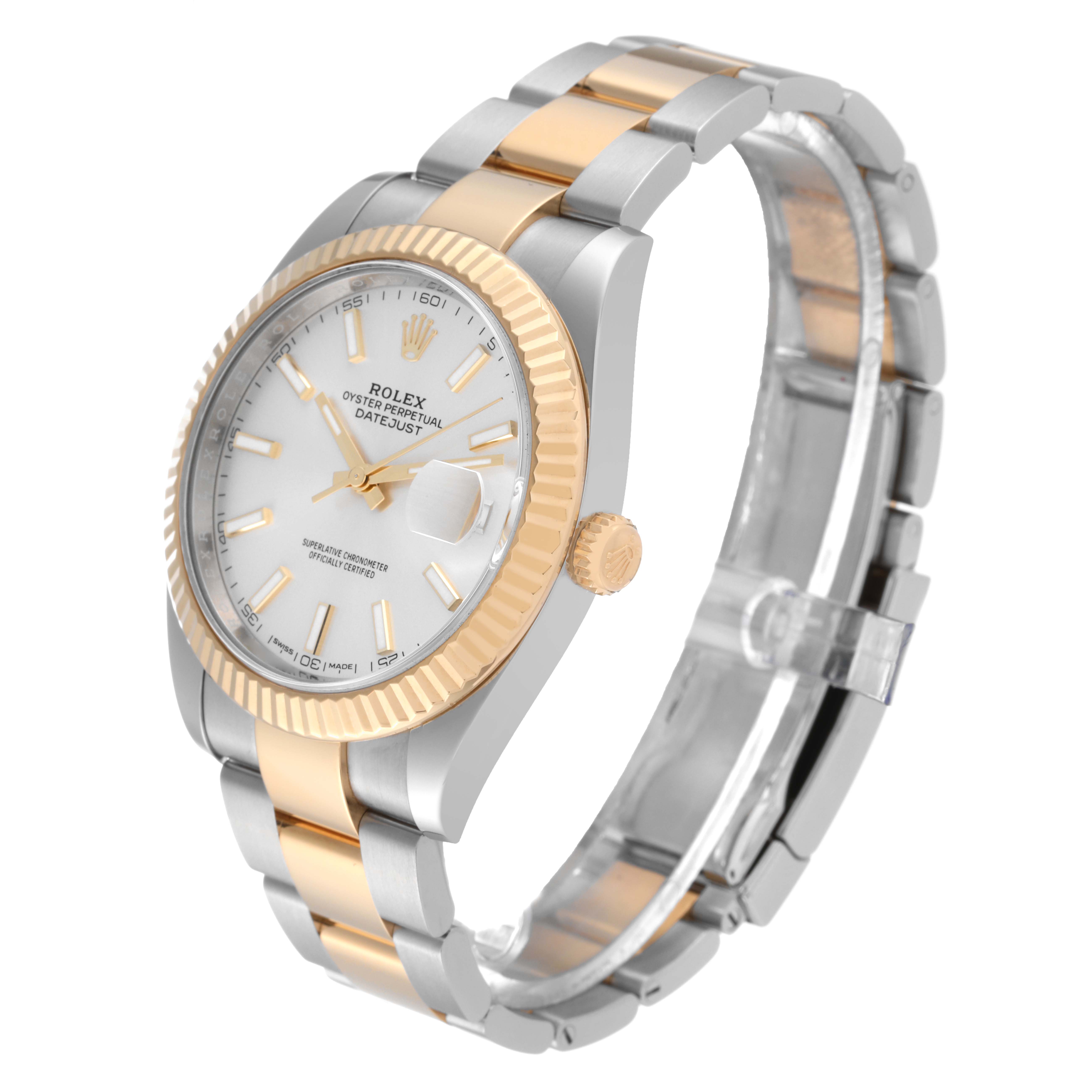 This image shows a Rolex Datejust 41 126333 Men's Steel and Gold (two tone) Silver Dial 126333 Men's Steel and Gold (two tone) Silver Dial model watch in a three-quarter side angle, highlighting the dial, bezel, and bracelet.