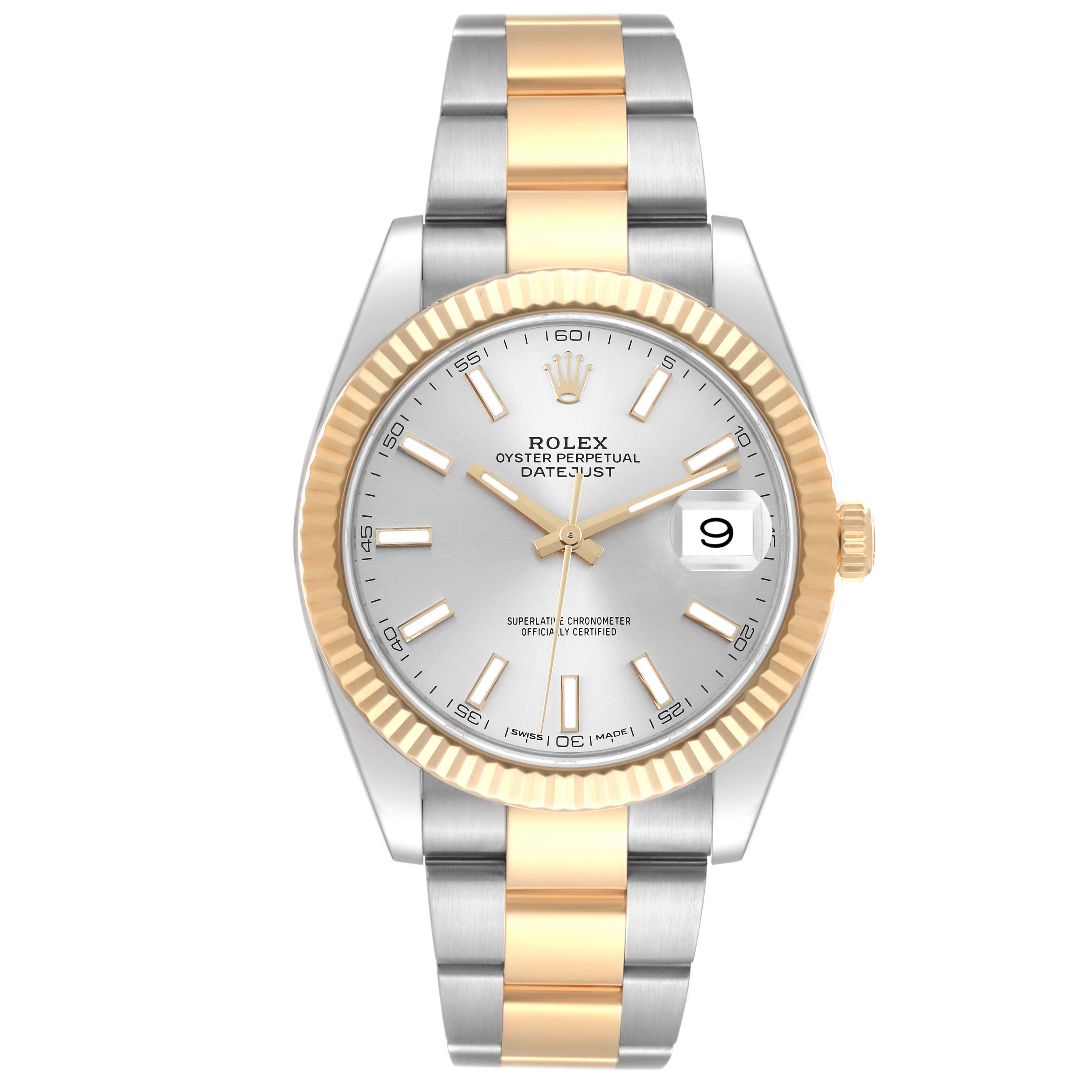 The Rolex Datejust 41 126333 Men's Steel and Gold (two tone) Silver Dial 126333 Men's Steel and Gold (two tone) Silver Dial watch is shown from a frontal angle, displaying its face, bracelet, and bezel.