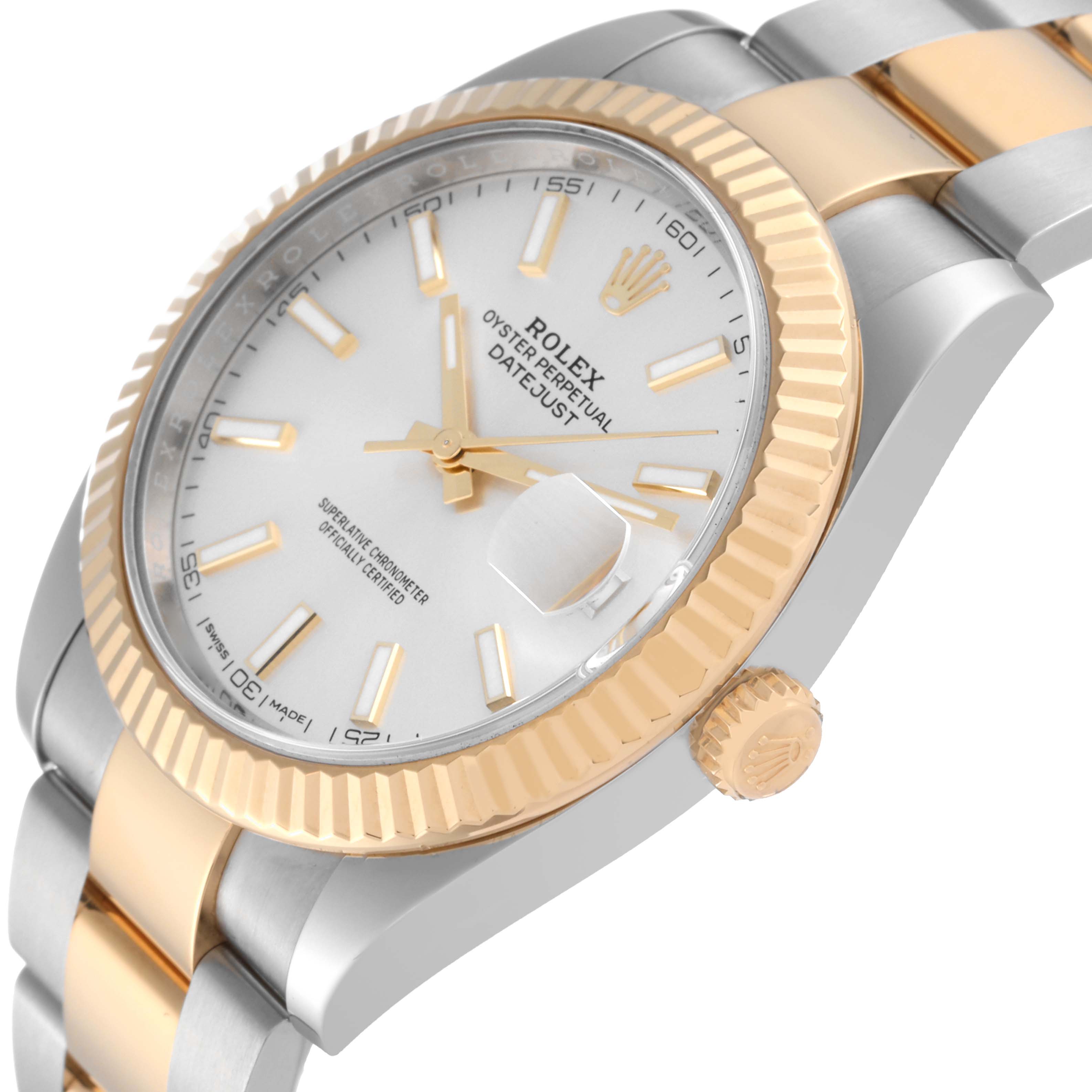 The image shows a Rolex Datejust 41 126333 Men's Steel and Gold (two tone) Silver Dial 126333 Men's Steel and Gold (two tone) Silver Dial watch from a side angle, highlighting its bezel, crown, and part of the bracelet.