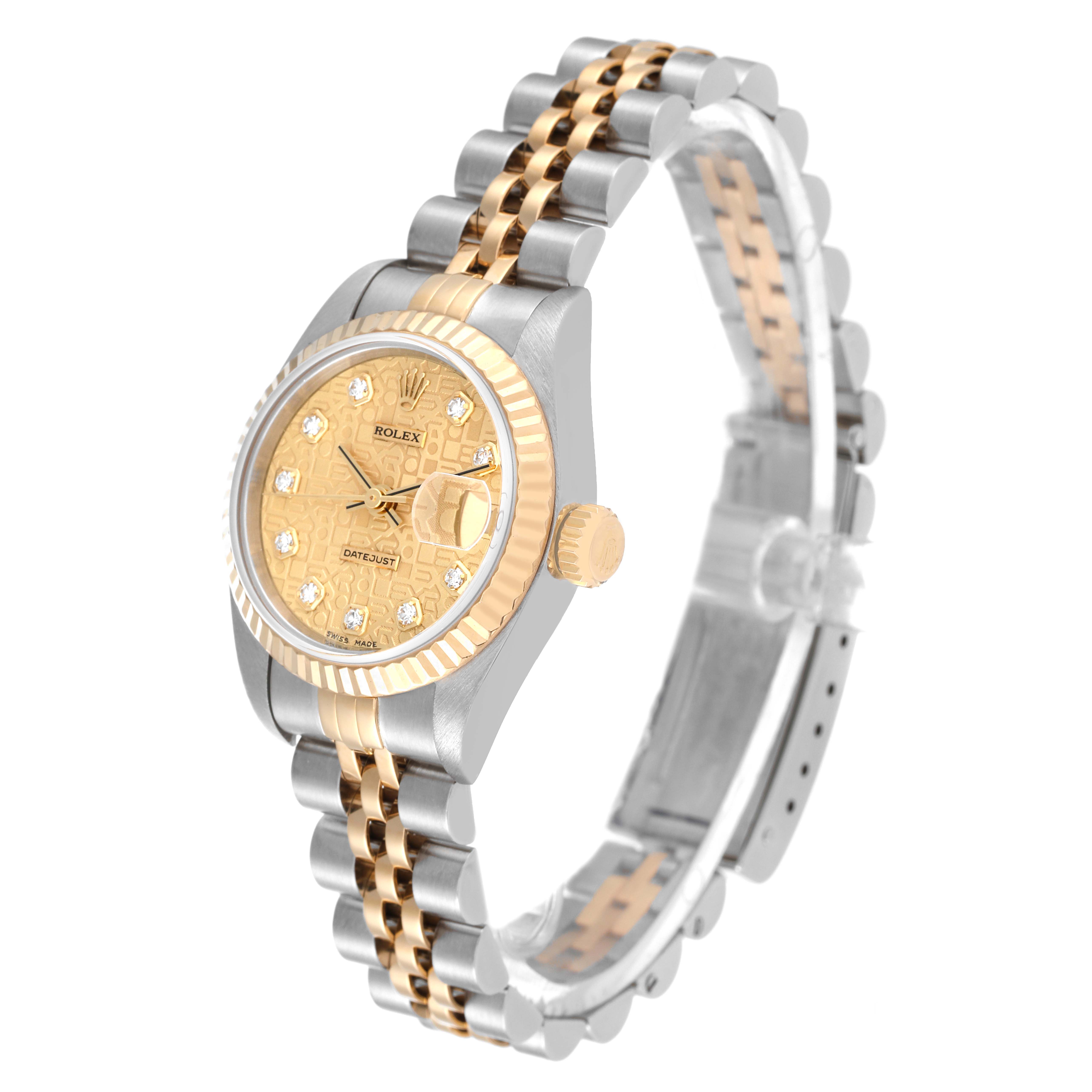 The image shows a side profile of a Rolex Datejust 79173 Women's Steel and Gold (two tone) Champagne Dial 79173 Women's Steel and Gold (two tone) Champagne Dial watch, highlighting its two-tone bracelet, gold dial, and diamond hour markers.