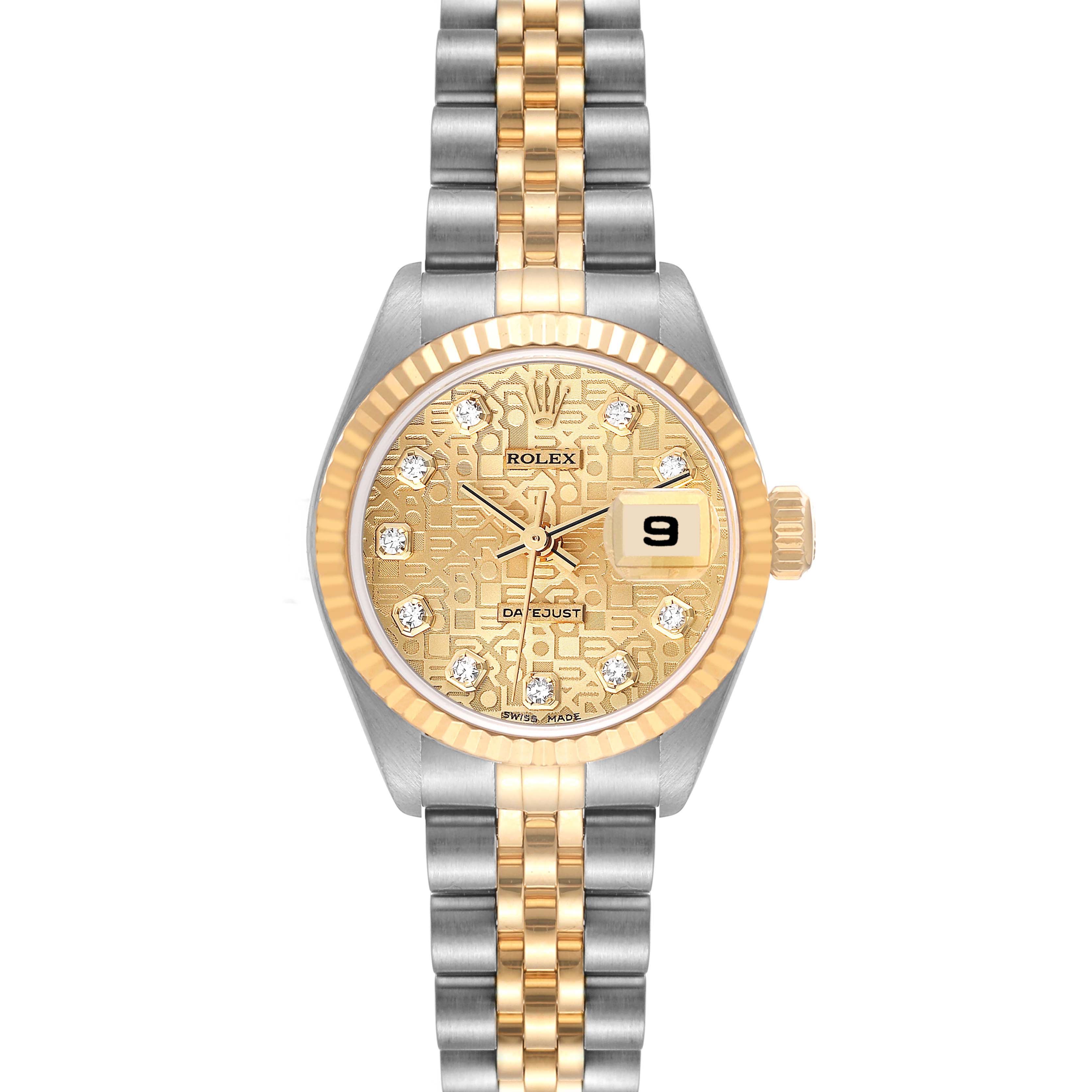This Rolex Datejust 79173 Women's Steel and Gold (two tone) Champagne Dial 79173 Women's Steel and Gold (two tone) Champagne Dial watch is shown from a straight-on angle, highlighting its dial, bezel, crown, and bracelet.