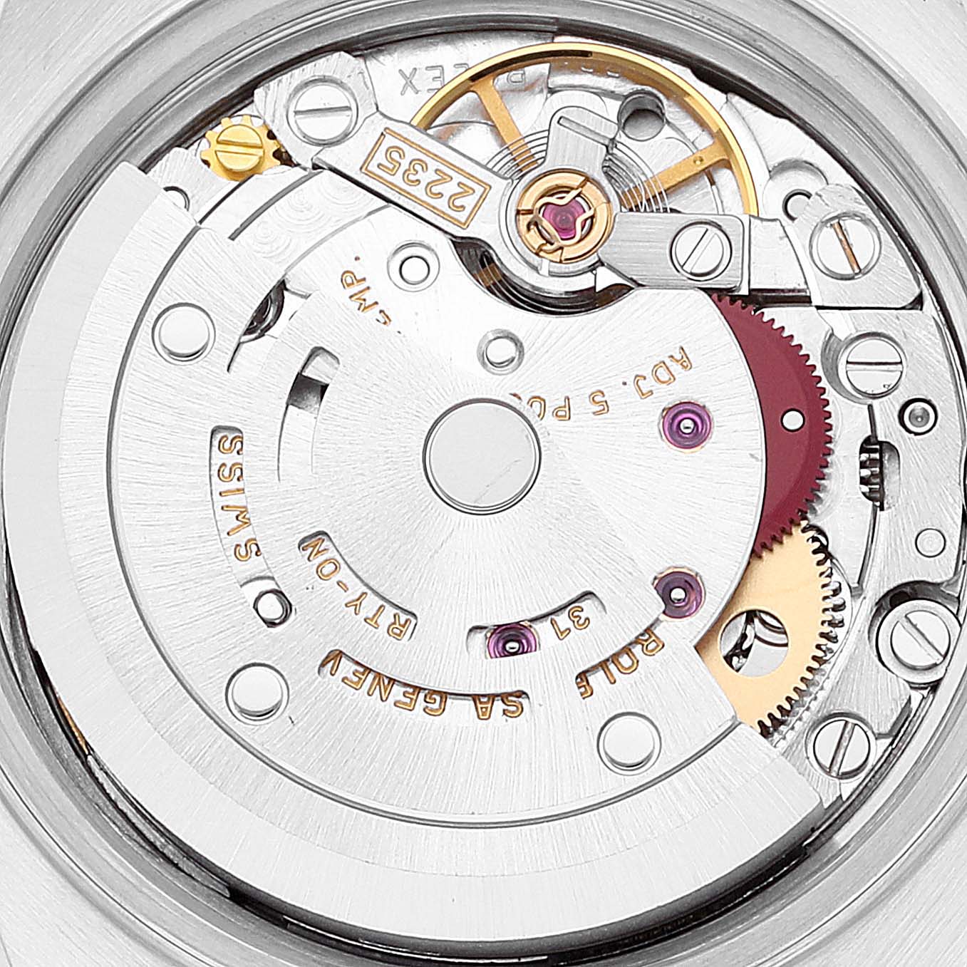 This close-up image shows the inner mechanical movement components of a Rolex Datejust 79173 Women's Steel and Gold (two tone) Champagne Dial 79173 Women's Steel and Gold (two tone) Champagne Dial watch.