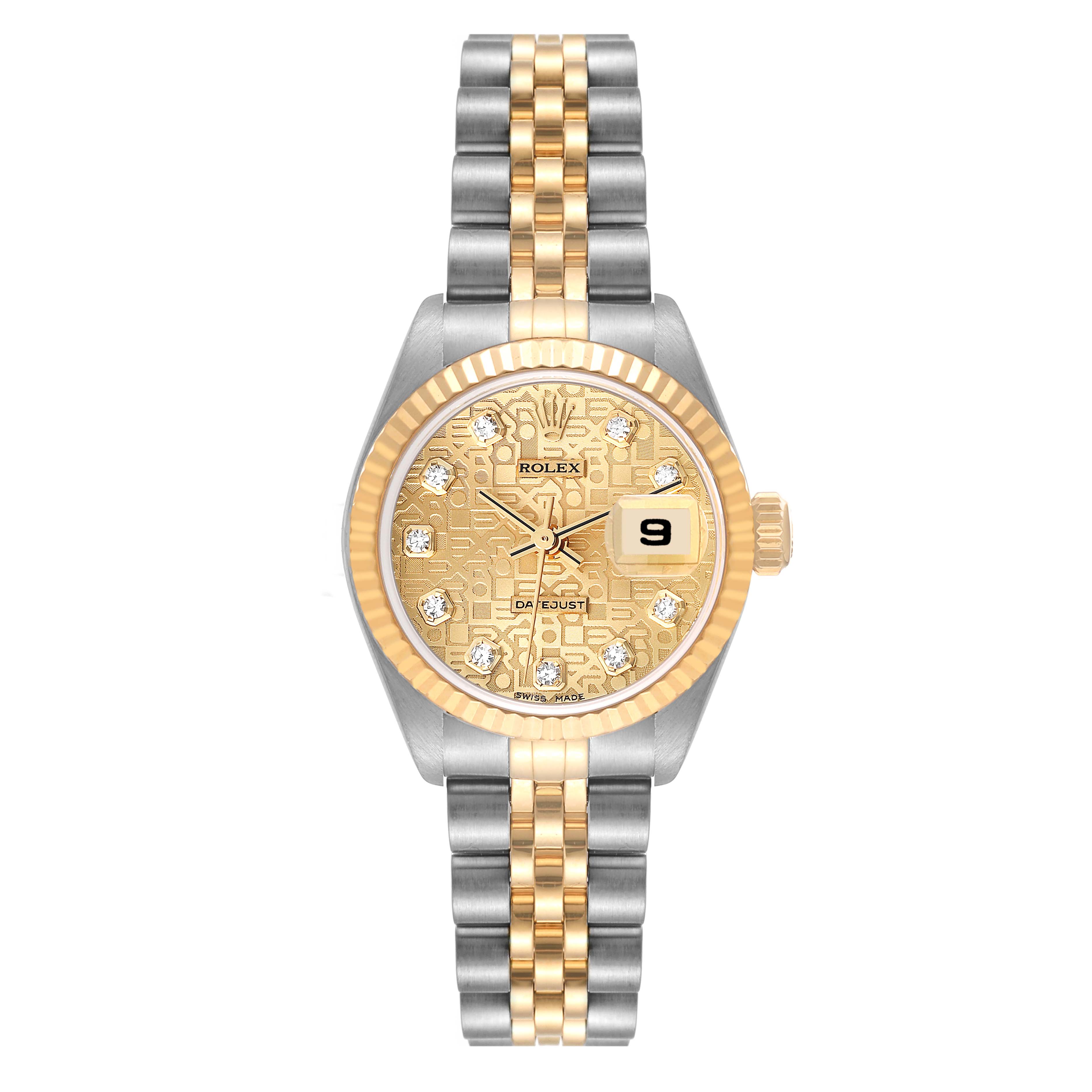 The image shows a front view of a Rolex Datejust 79173 Women's Steel and Gold (two tone) Champagne Dial 79173 Women's Steel and Gold (two tone) Champagne Dial watch with a gold and silver Jubilee bracelet and a gold dial.