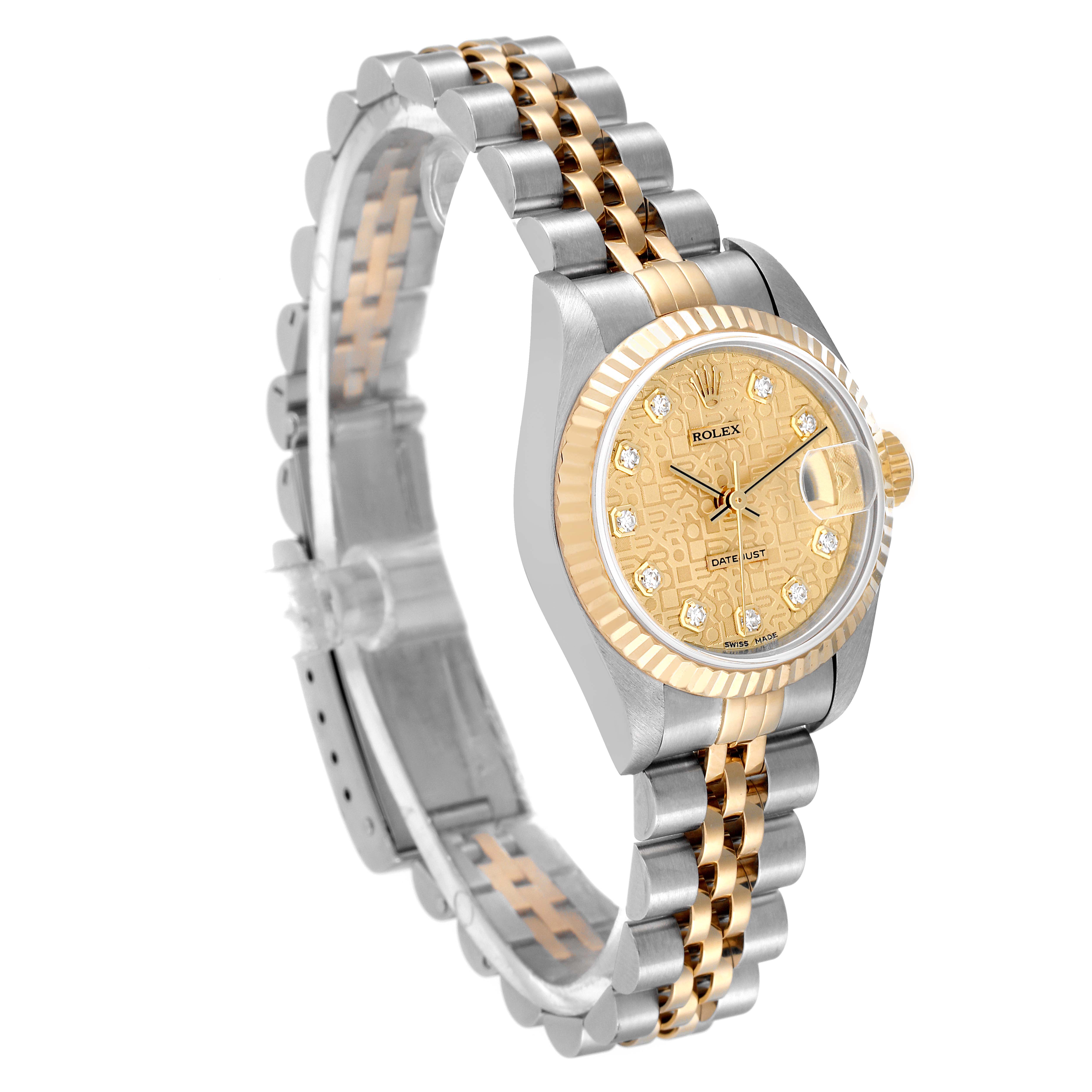 The image shows a Rolex Datejust 79173 Women's Steel and Gold (two tone) Champagne Dial 79173 Women's Steel and Gold (two tone) Champagne Dial watch at an angle highlighting the dial, case, and the two-tone Jubilee bracelet.