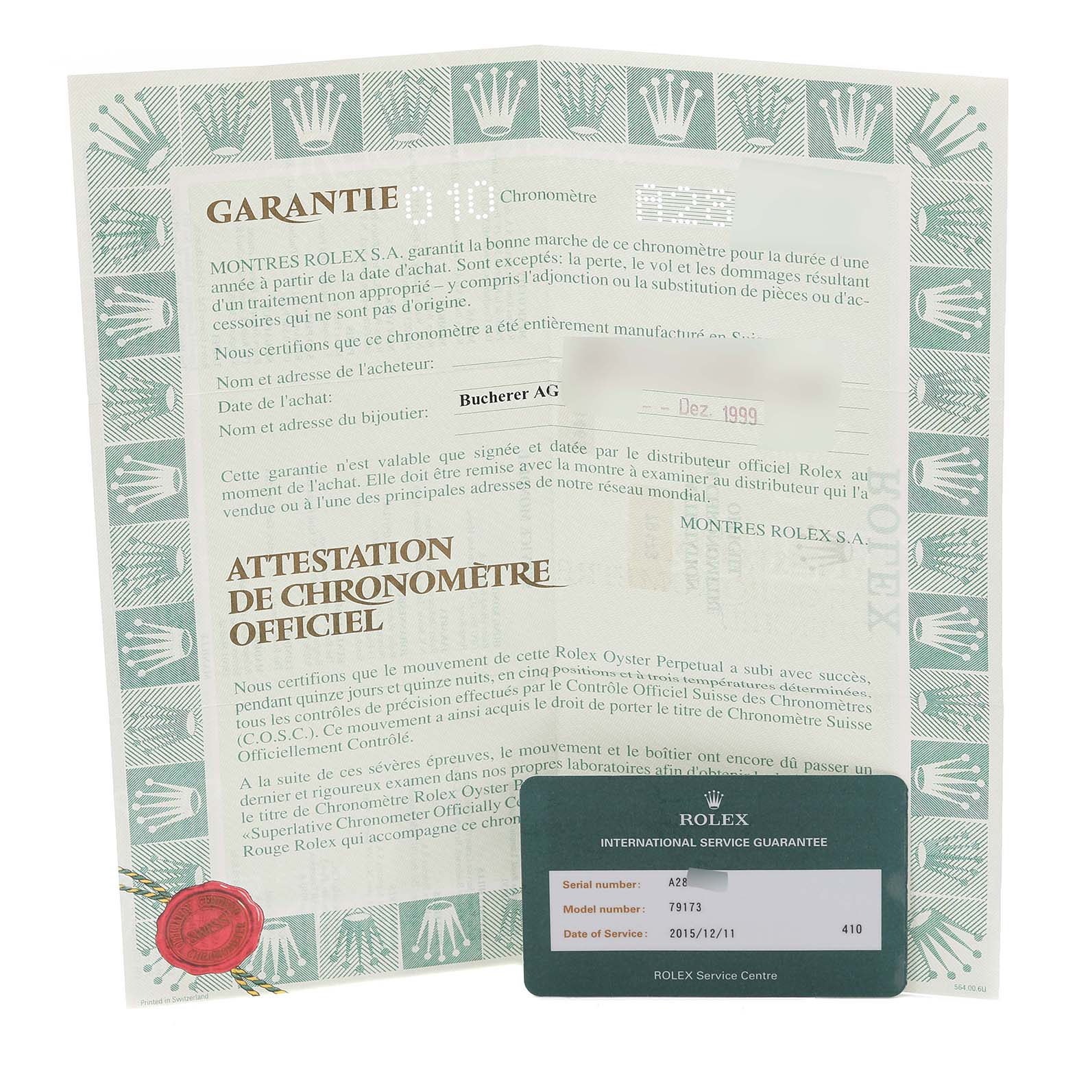 The image shows the warranty and service documents for a Rolex Datejust 79173 Women's Steel and Gold (two tone) Champagne Dial 79173 Women's Steel and Gold (two tone) Champagne Dial model watch.