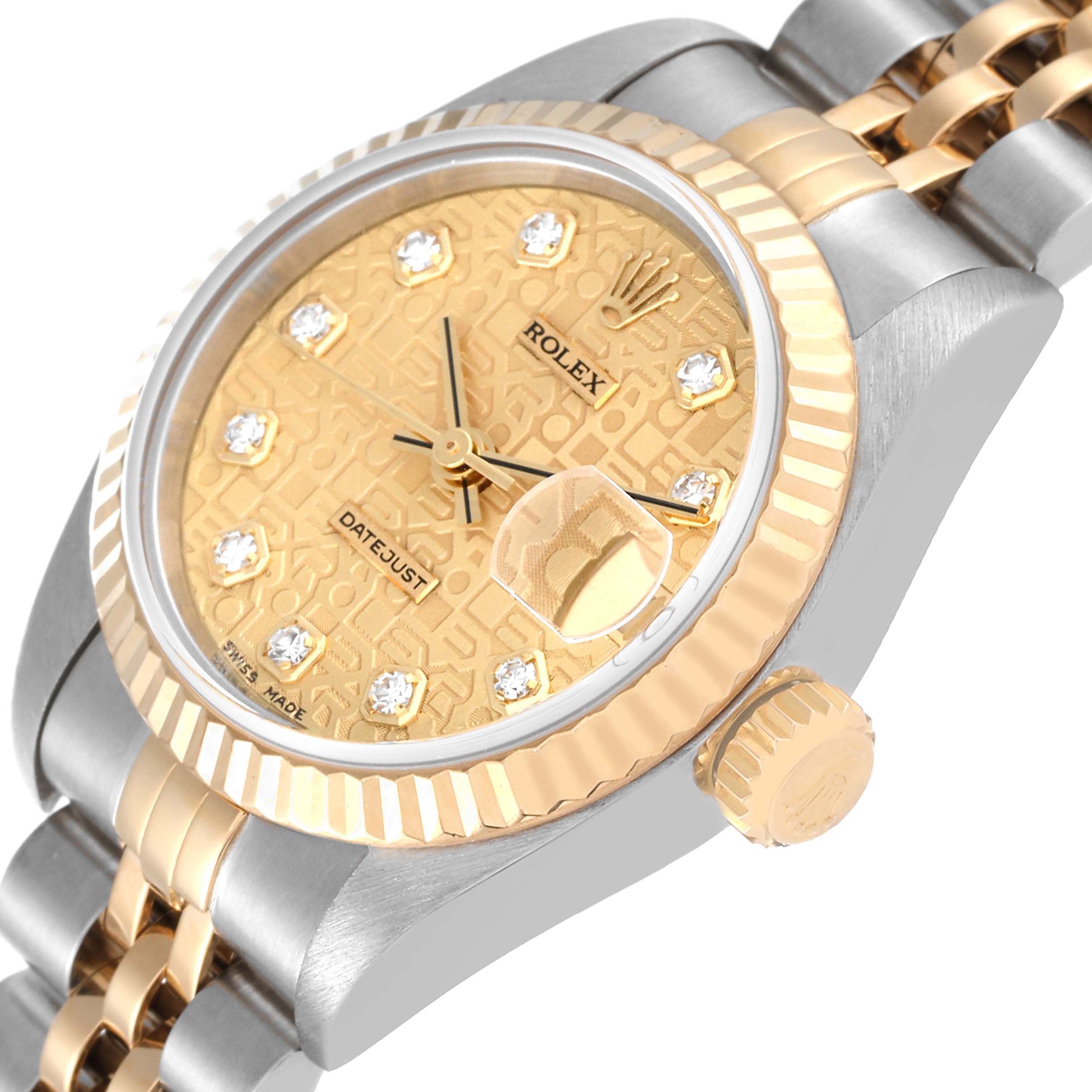 The image shows a Rolex Datejust 79173 Women's Steel and Gold (two tone) Champagne Dial 79173 Women's Steel and Gold (two tone) Champagne Dial watch viewed from an angled side, highlighting the dial, bezel, and bracelet.