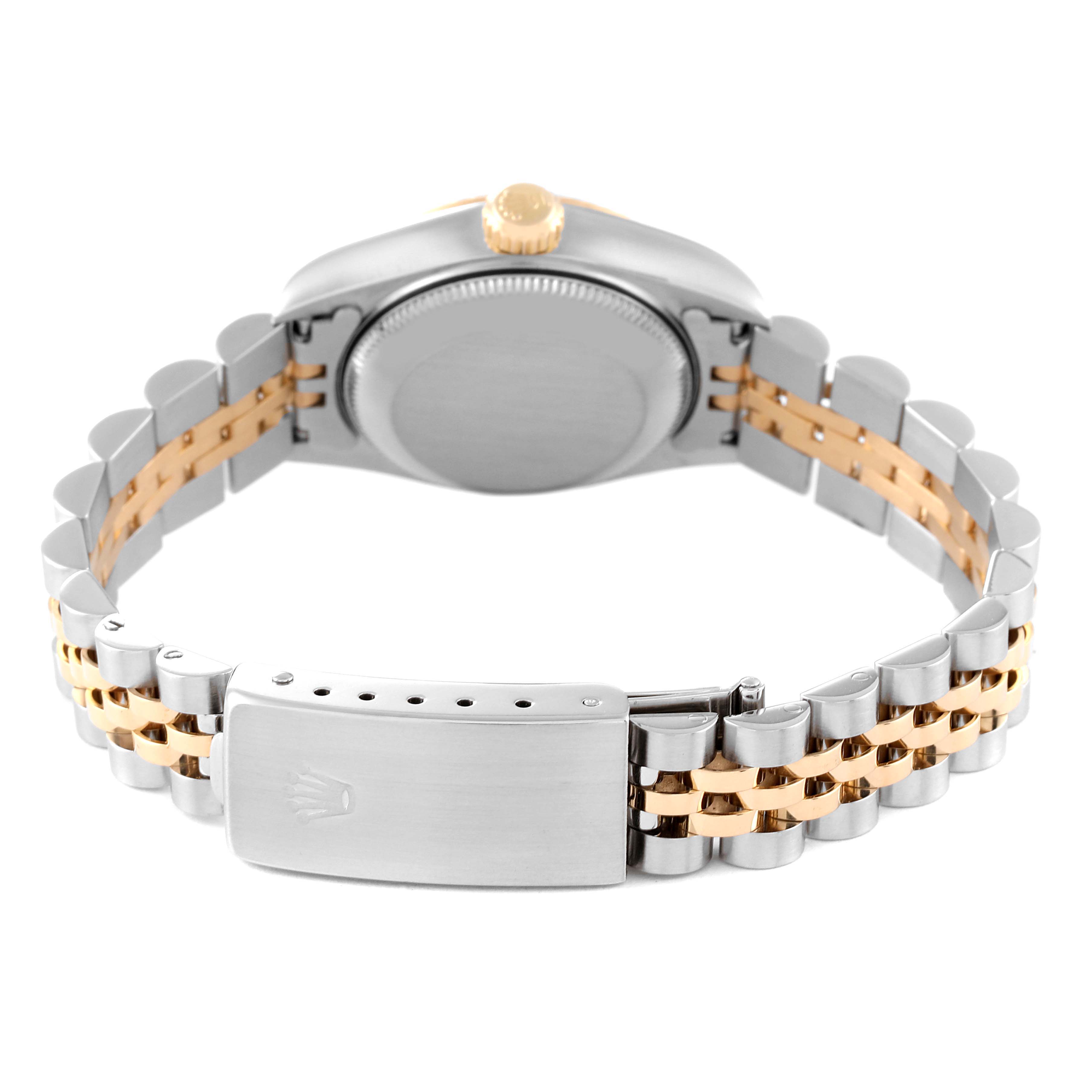 The image shows the back and side of the Rolex Datejust 79173 Women's Steel and Gold (two tone) Champagne Dial 79173 Women's Steel and Gold (two tone) Champagne Dial watch, highlighting its two-tone bracelet and clasp.