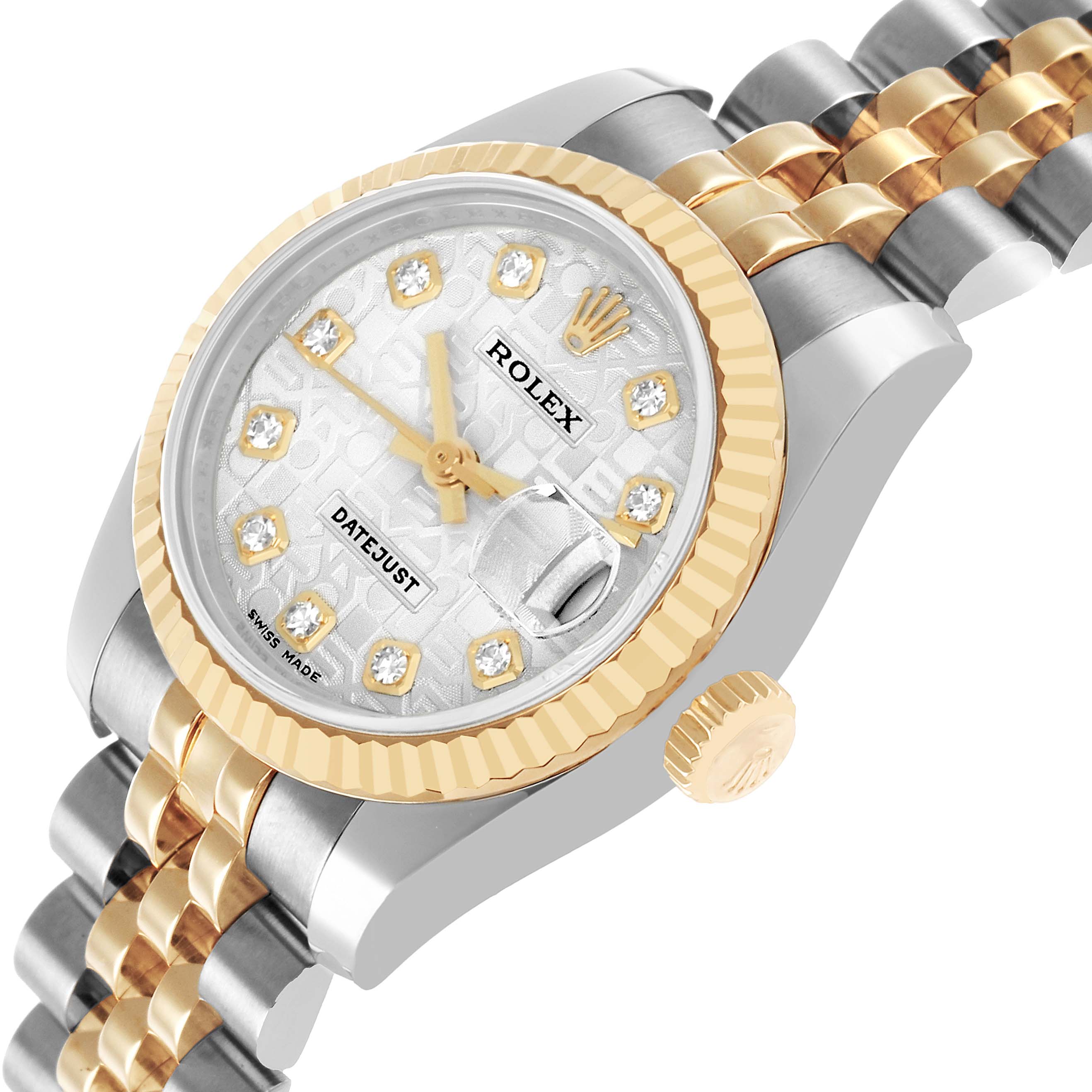 The Rolex Datejust 179173 Men's Steel and Gold (two tone) Silver Dial watch is shown at an angled side view, highlighting the bezel, crown, and part of the bracelet.