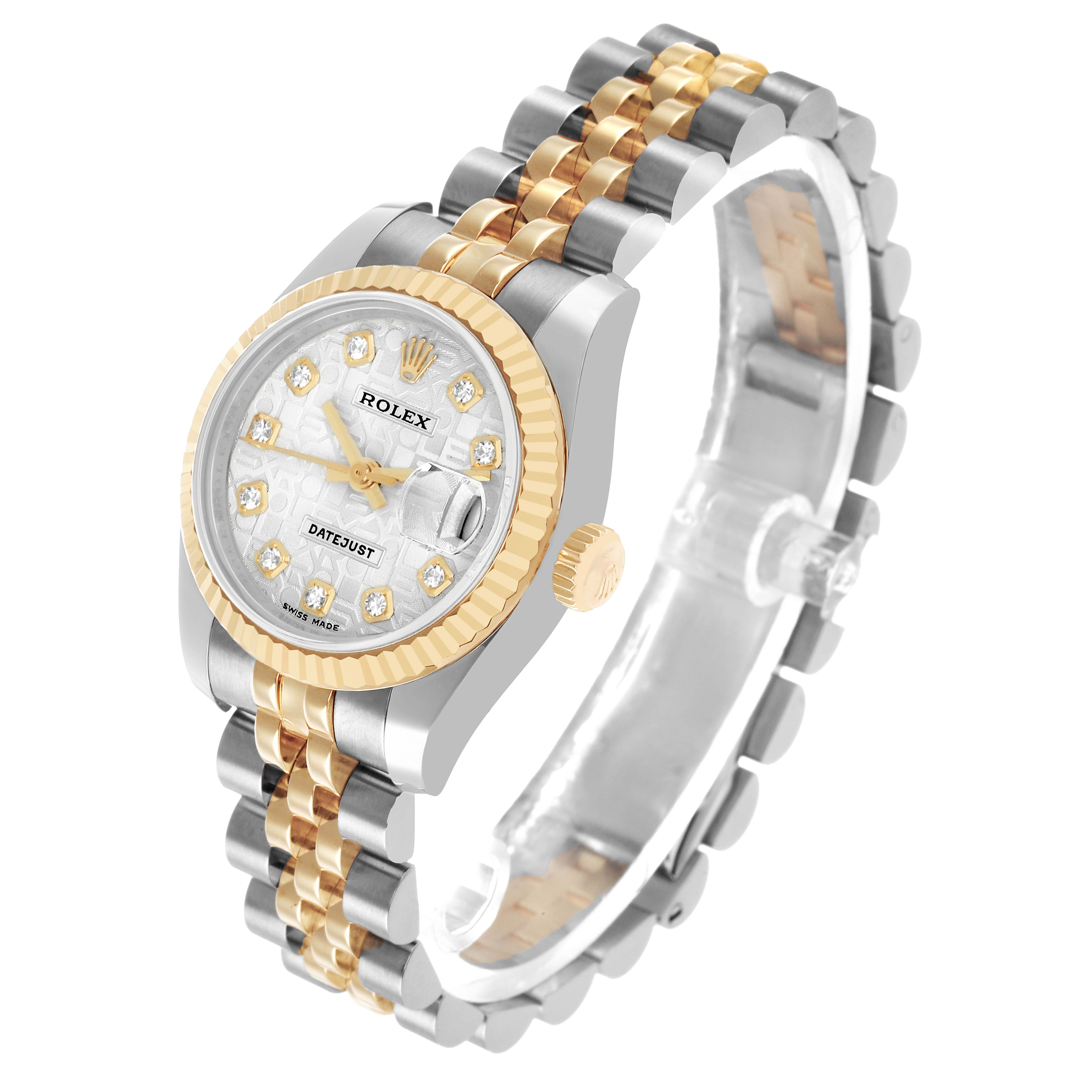 The Rolex Datejust 179173 Men's Steel and Gold (two tone) Silver Dial watch is shown at a three-quarter angle, highlighting the bezel, dial, crown, and two-tone bracelet.