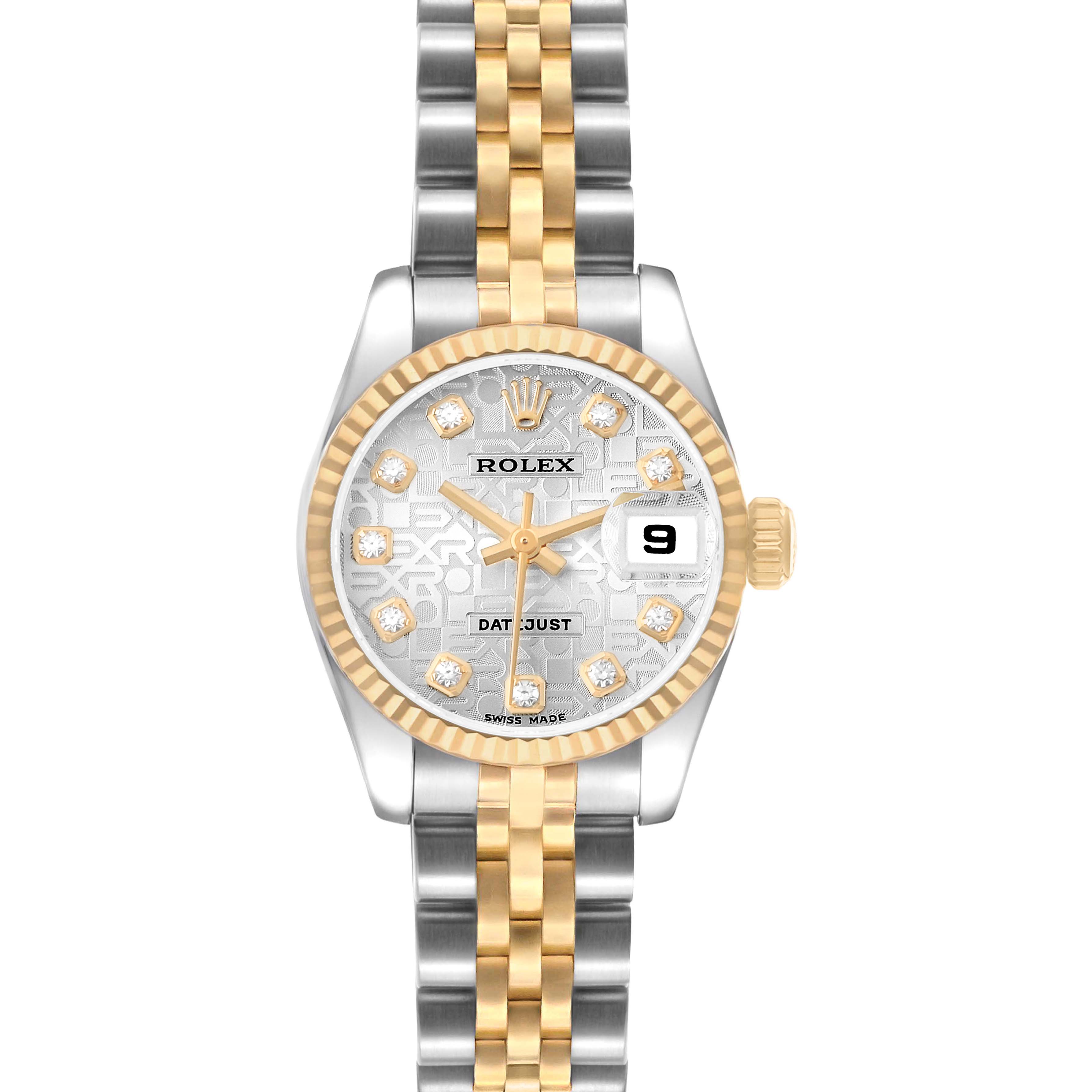 The Rolex Datejust 179173 Men's Steel and Gold (two tone) Silver Dial watch is shown from a front angle, displaying the face, bezel, and two-tone bracelet.