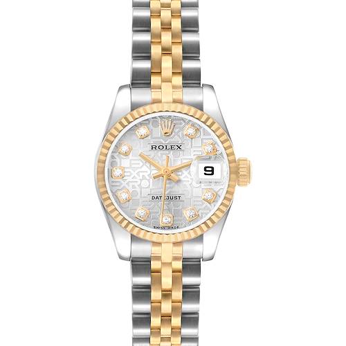 The Rolex Datejust 179173 Men's Steel and Gold (two tone) Silver Dial watch is shown from the front, highlighting the dial, bezel, case, and bracelet.