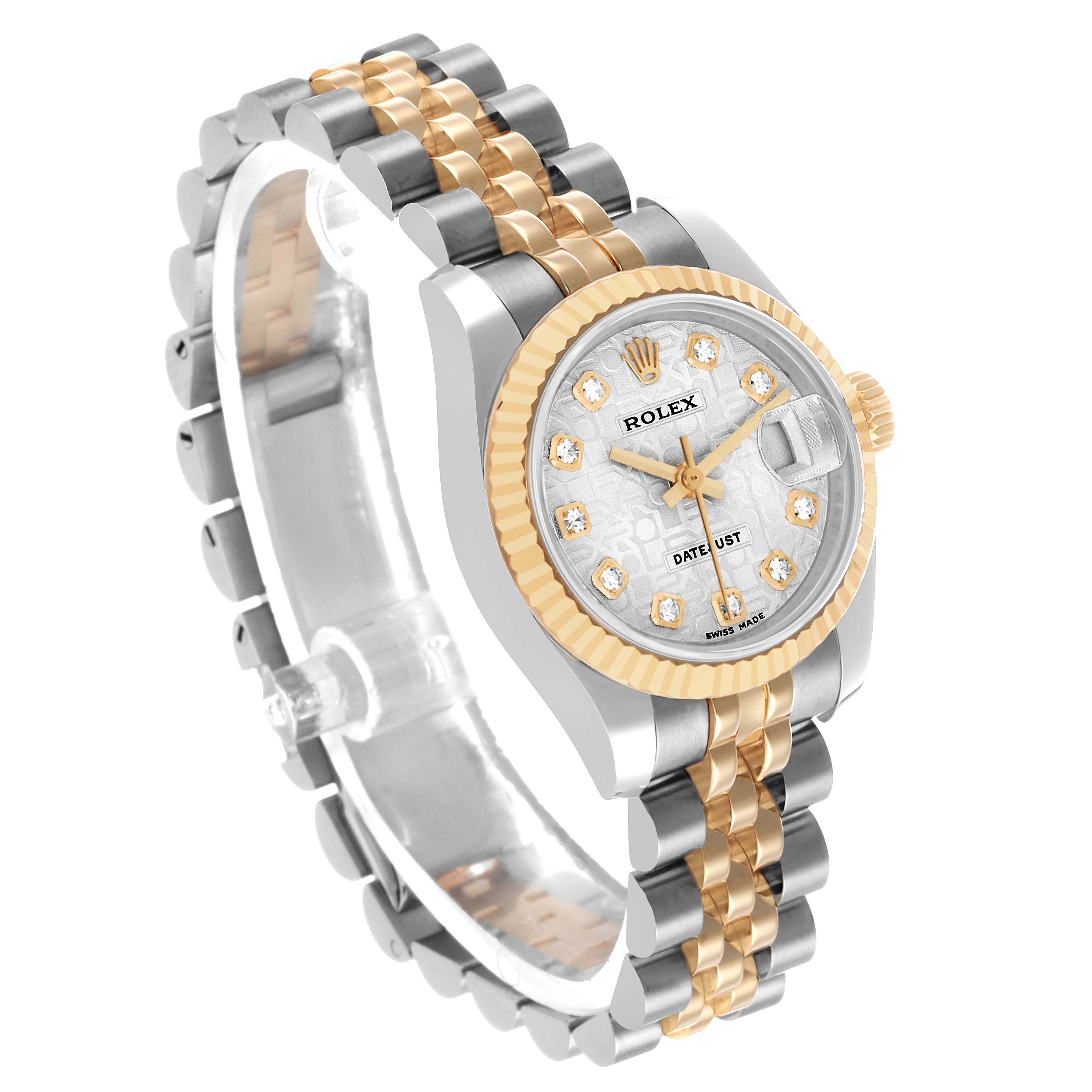 The image shows a Rolex Datejust 179173 Men's Steel and Gold (two tone) Silver Dial watch at a three-quarter angle, highlighting the dial, bracelet, and bezel.