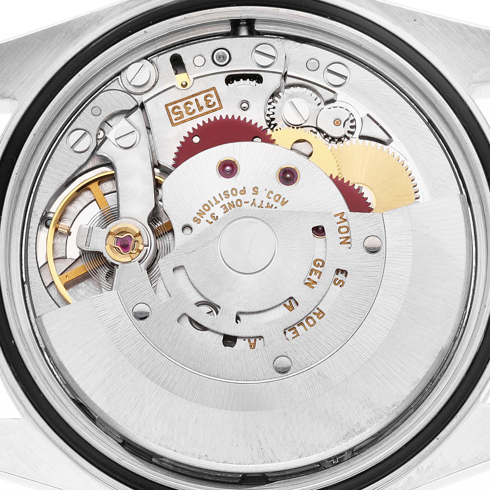 This image shows the internal movement mechanism of the Rolex Datejust 16233 Men's Steel and Gold (two tone) White Dial 16233 Men's Steel and Gold (two tone) White Dial watch from a top-down angle.
