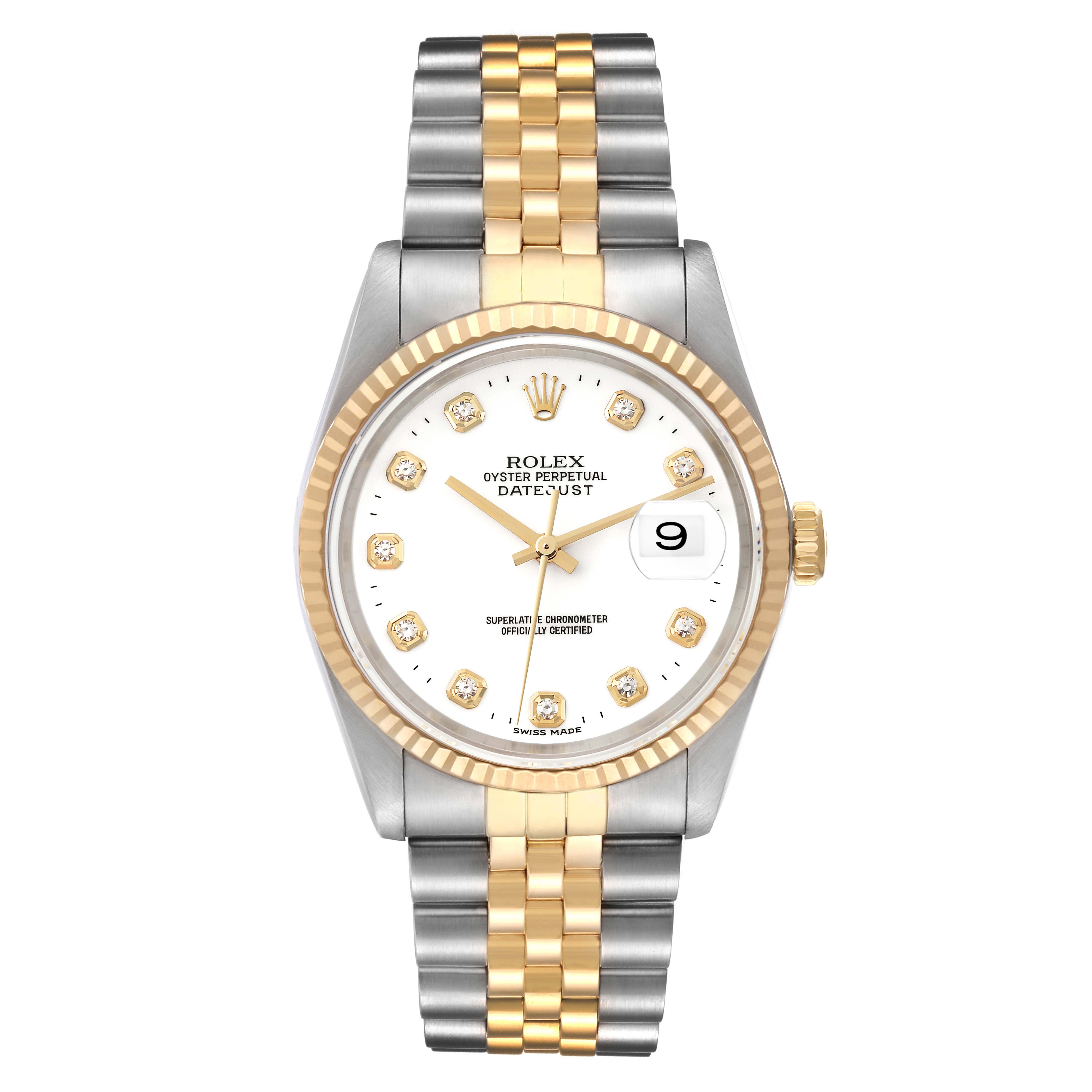 This image displays a front view of the Rolex Datejust 16233 Men's Steel and Gold (two tone) White Dial 16233 Men's Steel and Gold (two tone) White Dial watch, showcasing its dial, bezel, and two-tone bracelet.