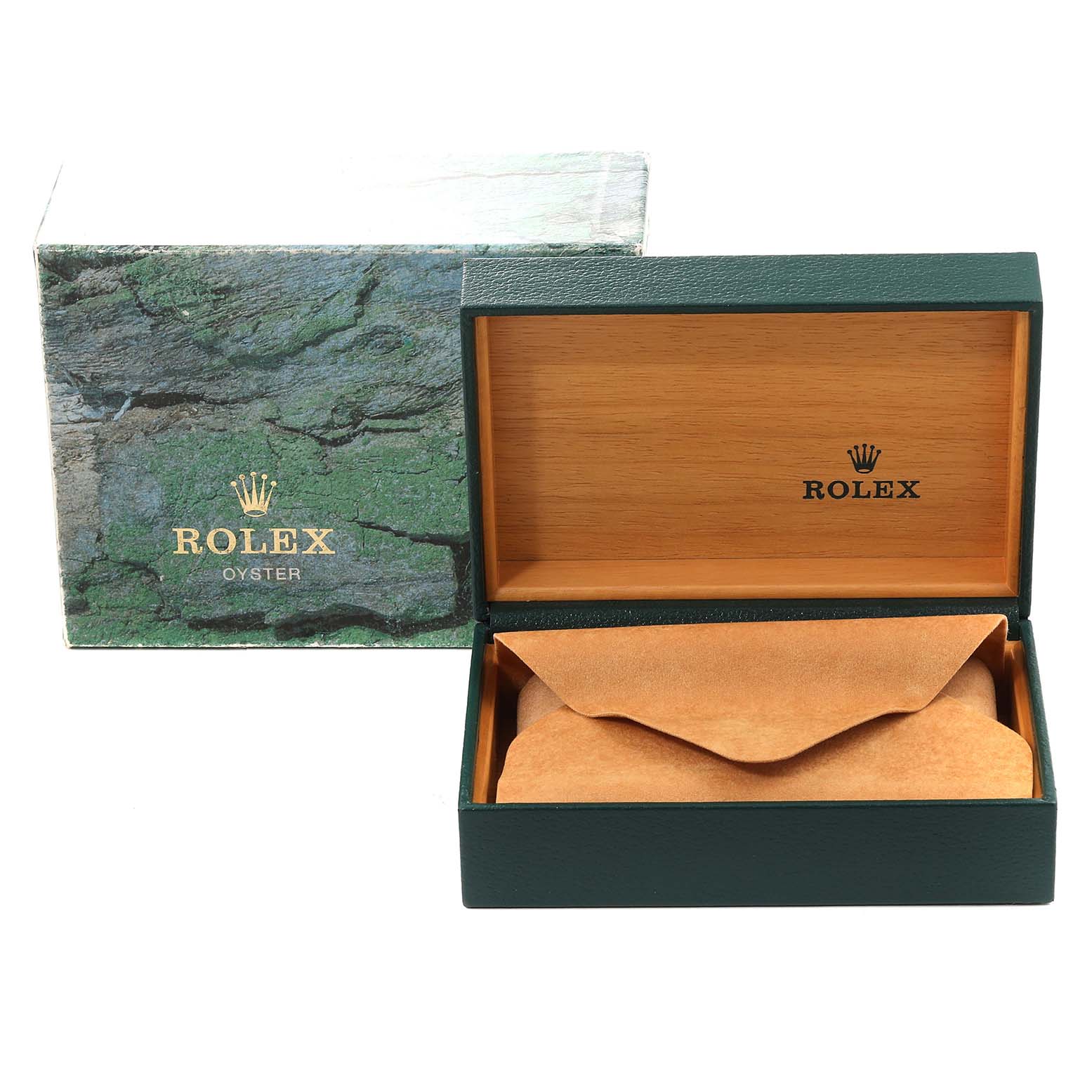 The image shows an open Rolex Datejust 16233 Men's Steel and Gold (two tone) White Dial 16233 Men's Steel and Gold (two tone) White Dial box with its lid raised, revealing the inner case and a suede pouch.