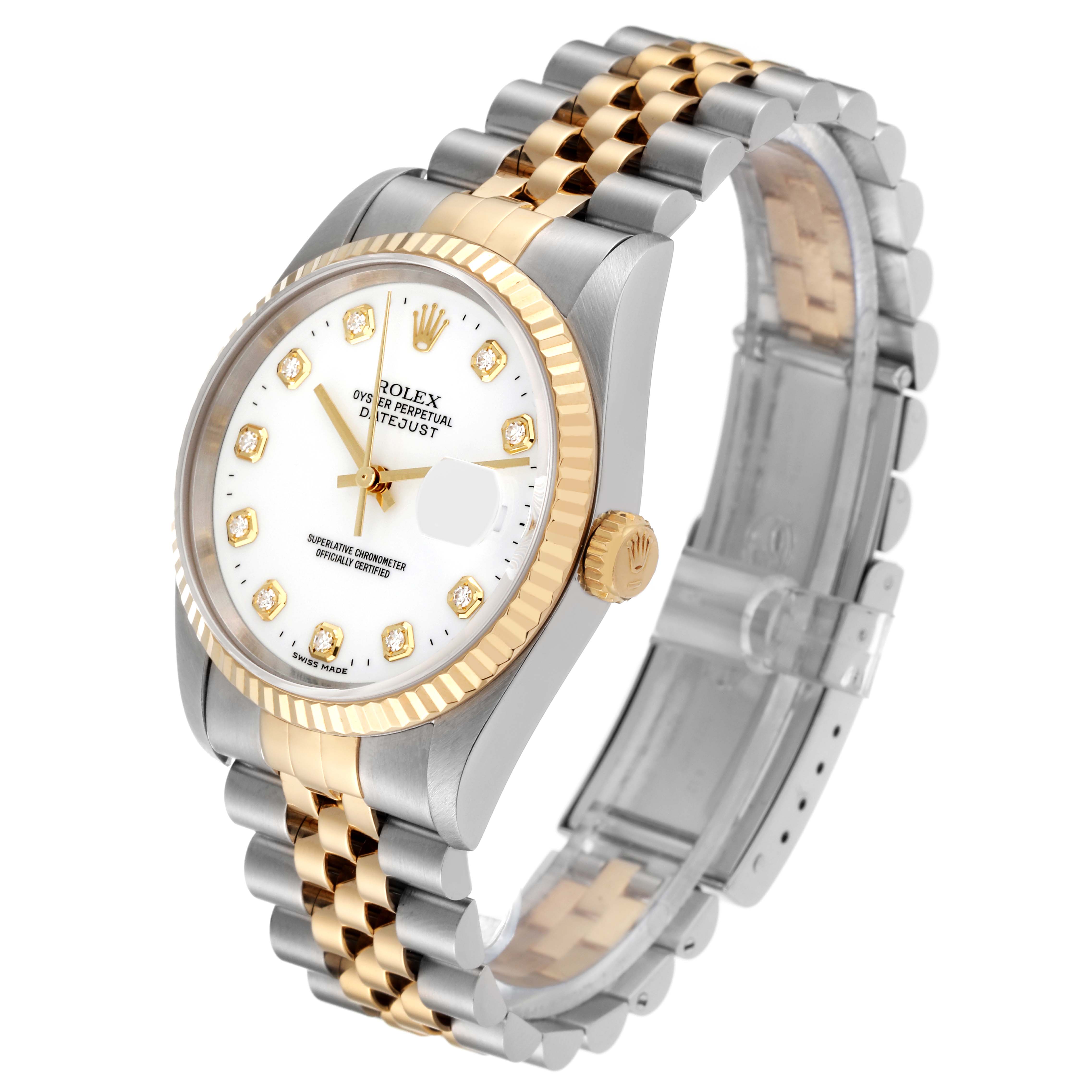 The Rolex Datejust 16233 Men's Steel and Gold (two tone) White Dial 16233 Men's Steel and Gold (two tone) White Dial watch is shown at an angled view, highlighting the face, fluted bezel, crown, and jubilee bracelet.