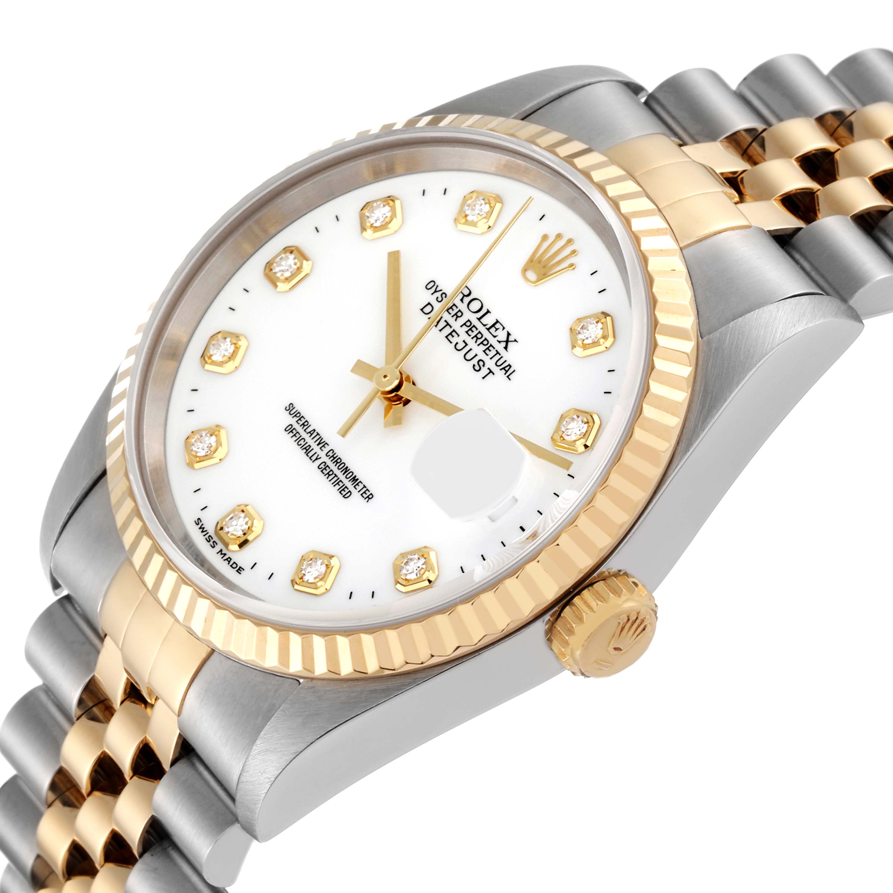 This Rolex Datejust 16233 Men's Steel and Gold (two tone) White Dial 16233 Men's Steel and Gold (two tone) White Dial watch is shown at a slight angle, displaying the face, bezel, and partial bracelet.