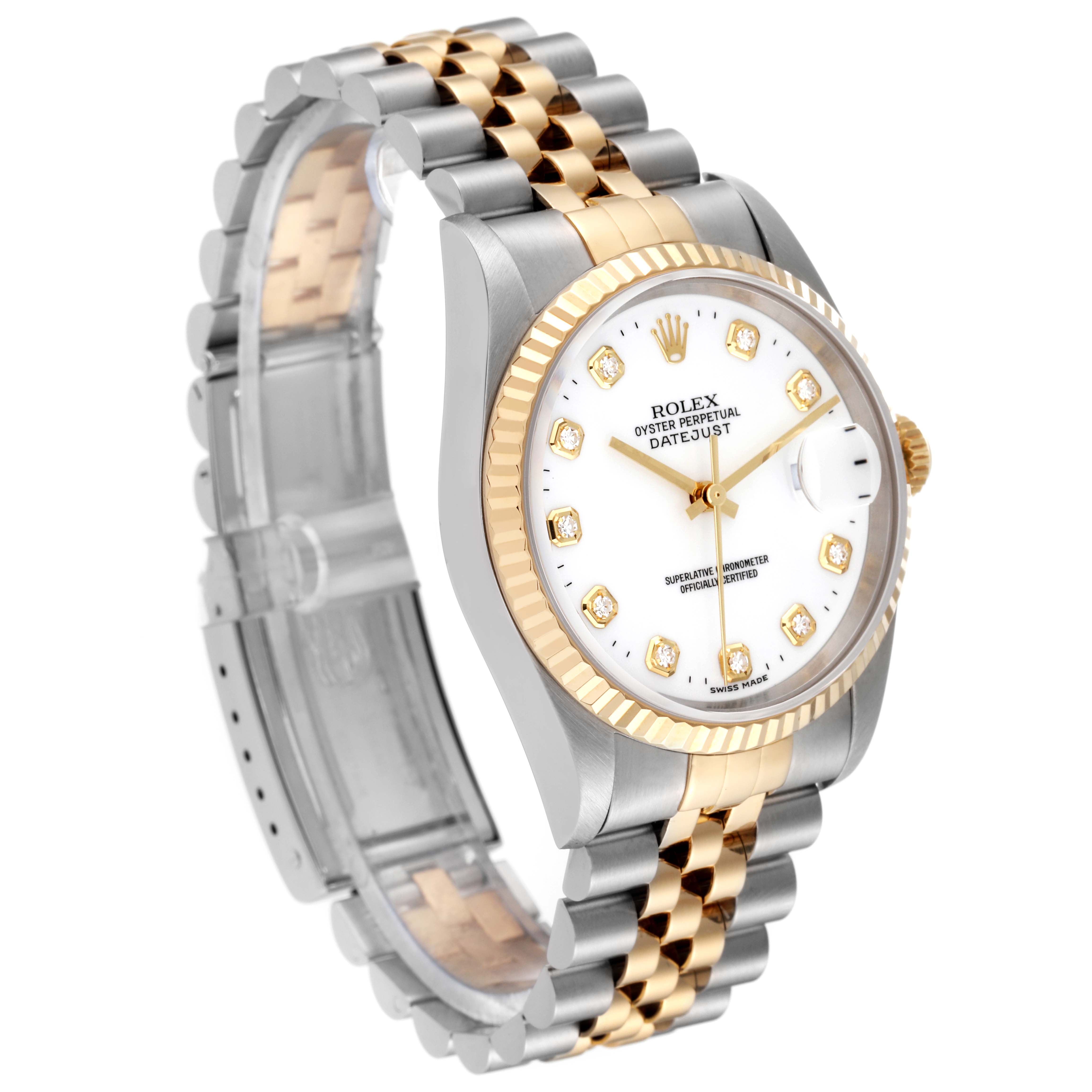 The image shows a Rolex Datejust 16233 Men's Steel and Gold (two tone) White Dial 16233 Men's Steel and Gold (two tone) White Dial watch at an angle highlighting its two-tone bracelet, fluted bezel, white dial, and diamond hour markers.