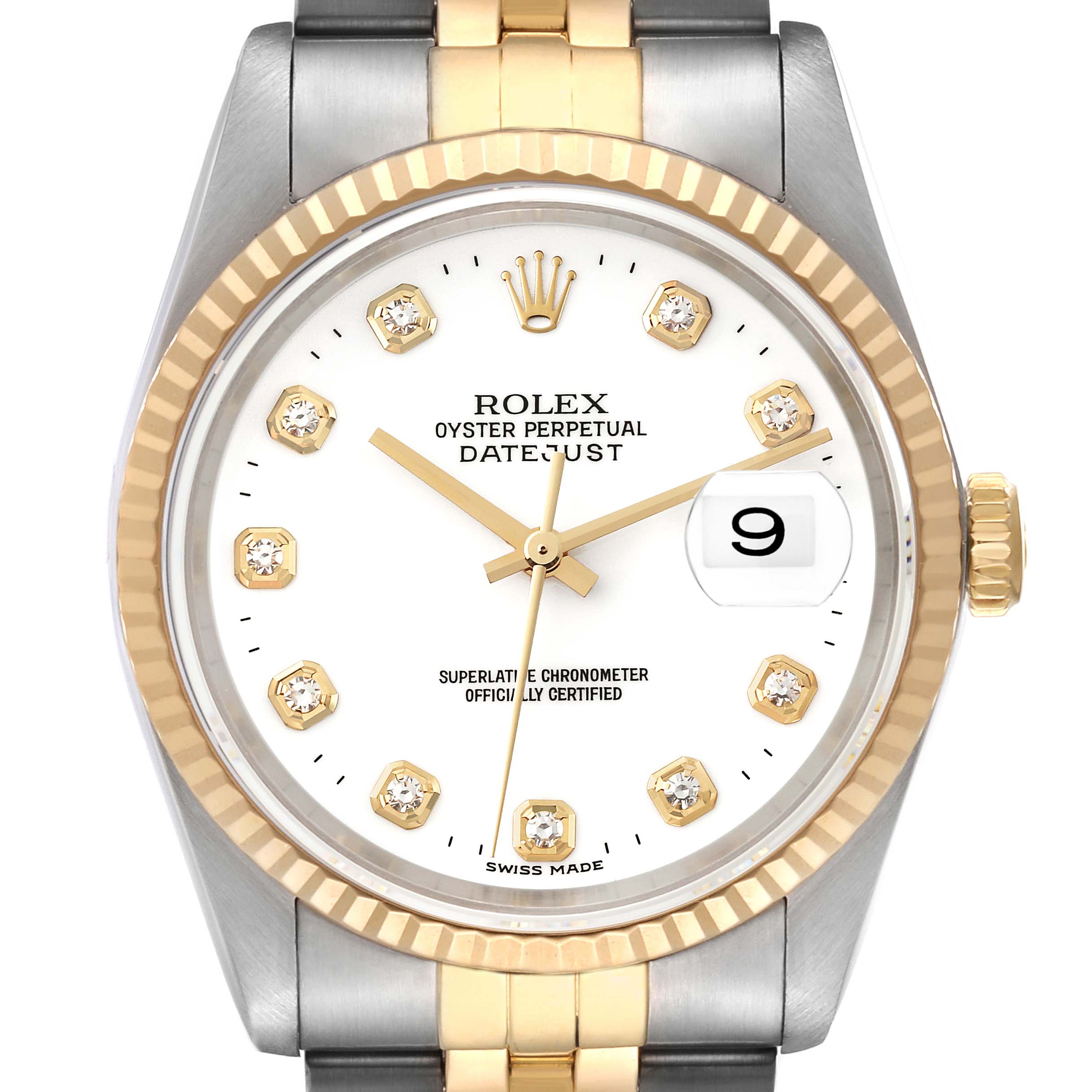 The image shows a front view of a Rolex Datejust 16233 Men's Steel and Gold (two tone) White Dial 16233 Men's Steel and Gold (two tone) White Dial watch, highlighting the dial, bezel, and part of the bracelet.