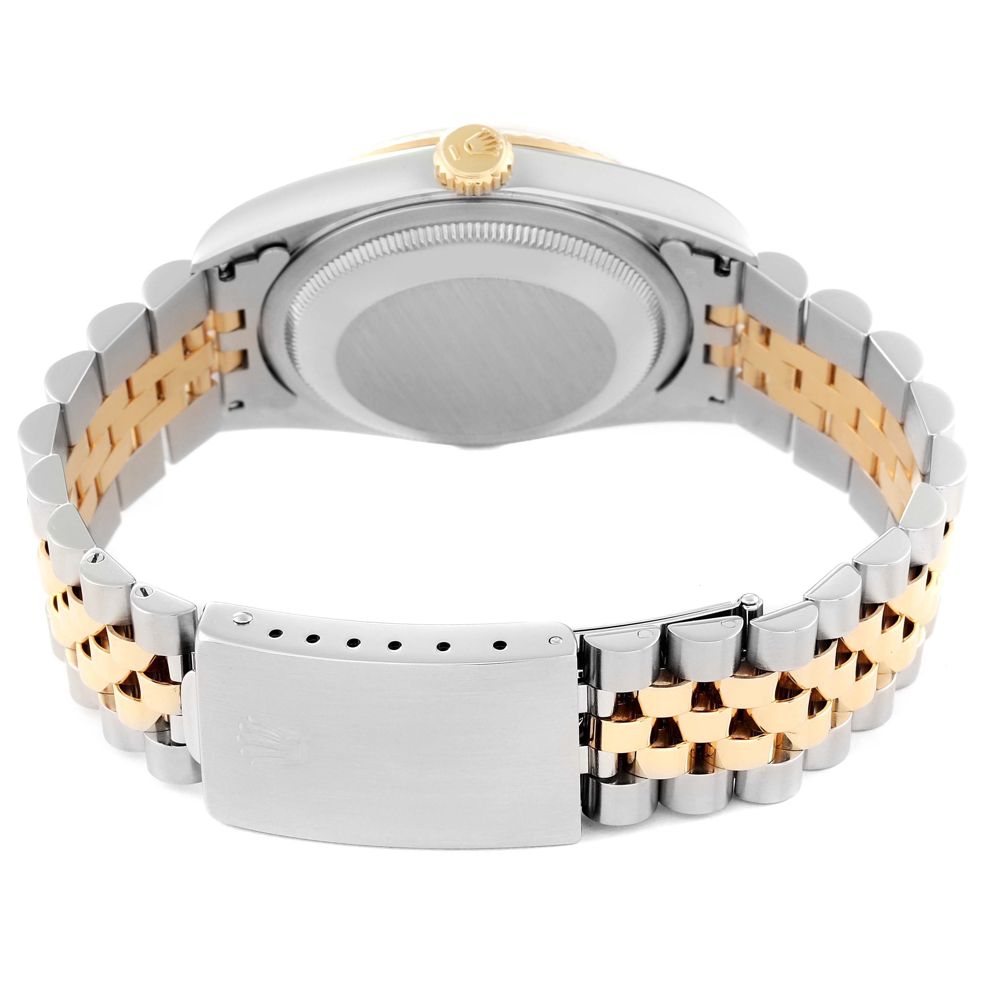 The image shows the back of a Rolex Datejust 16233 Men's Steel and Gold (two tone) White Dial 16233 Men's Steel and Gold (two tone) White Dial watch, focusing on the clasp, bracelet, and case back.