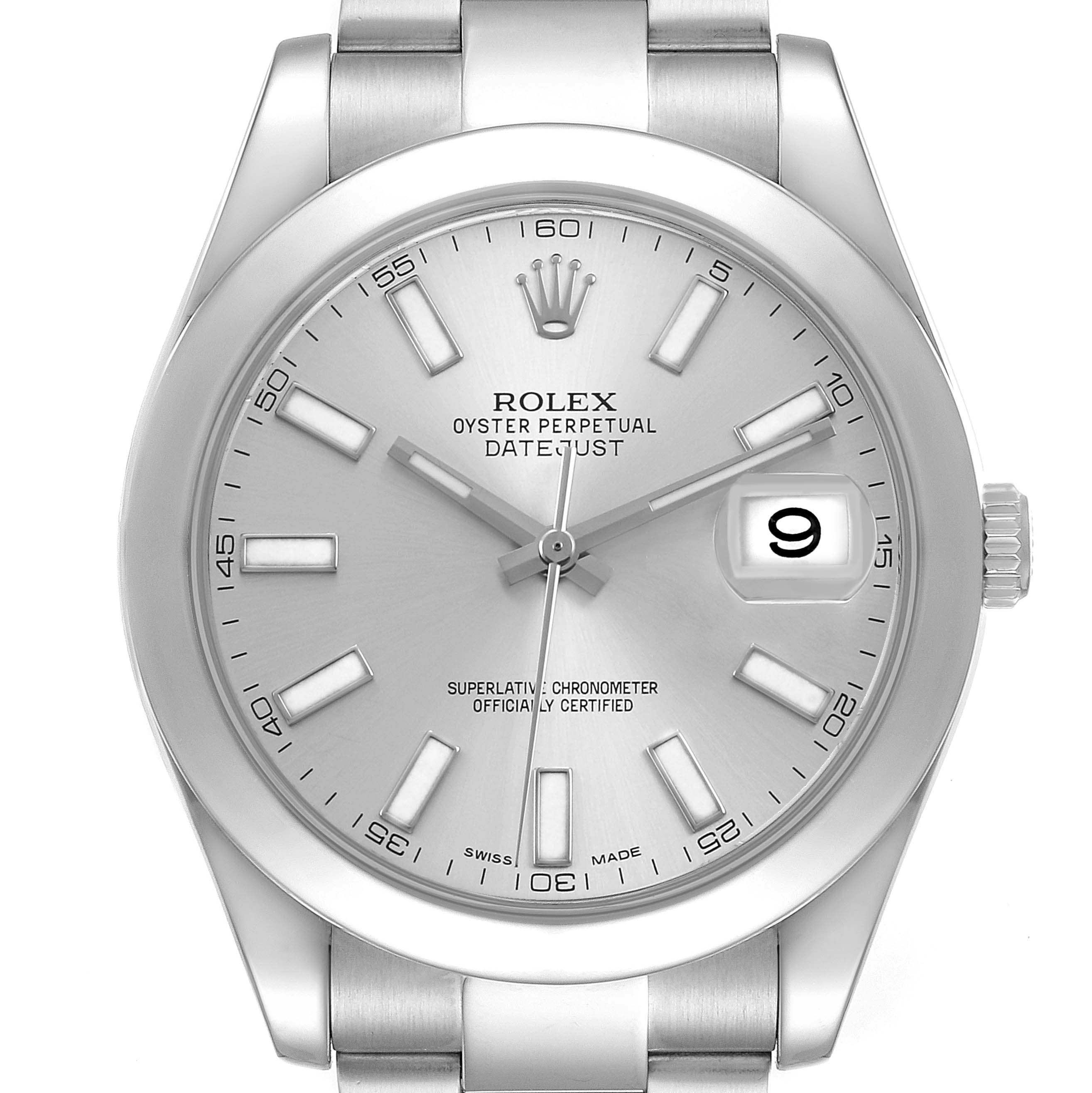 The Rolex Datejust 41 116300 Men's Stainless Steel Silver Dial watch is shown from a front angle, highlighting the dial, bezel, bracelet, and date window.