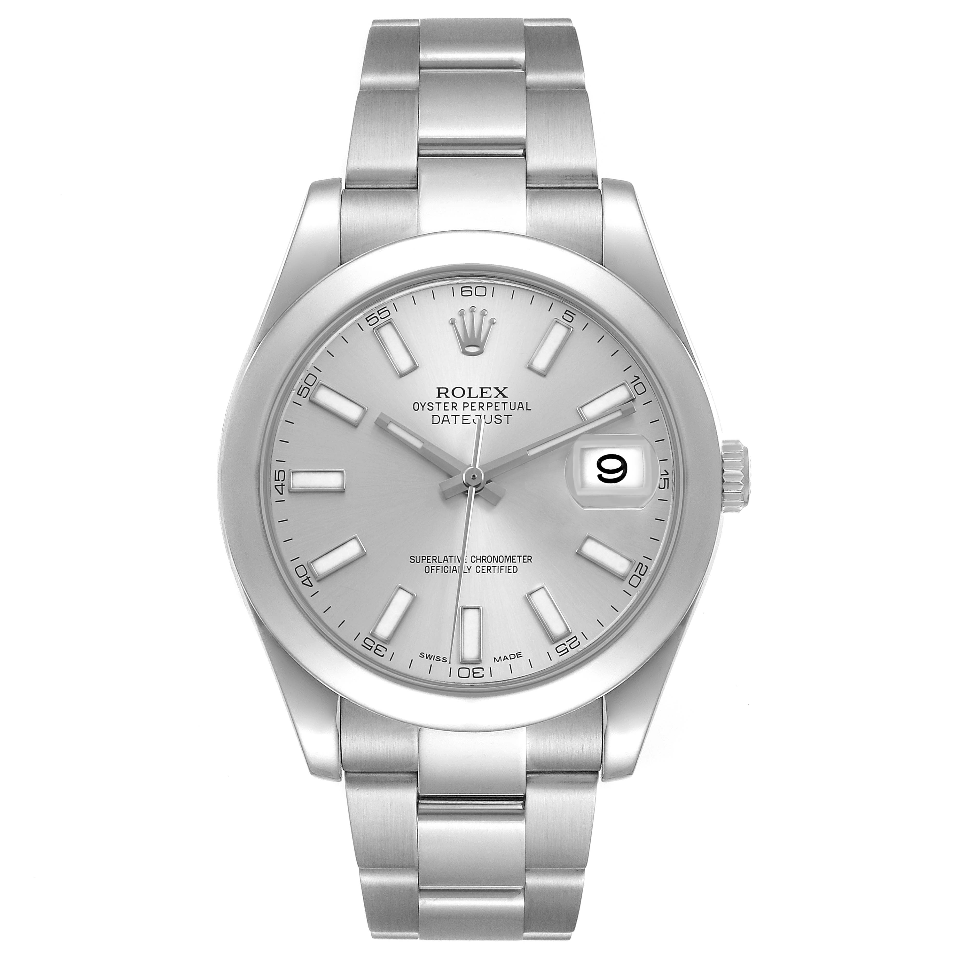 The Rolex Datejust 41 116300 Men's Stainless Steel Silver Dial is shown from the front, displaying the dial, bezel, and bracelet.