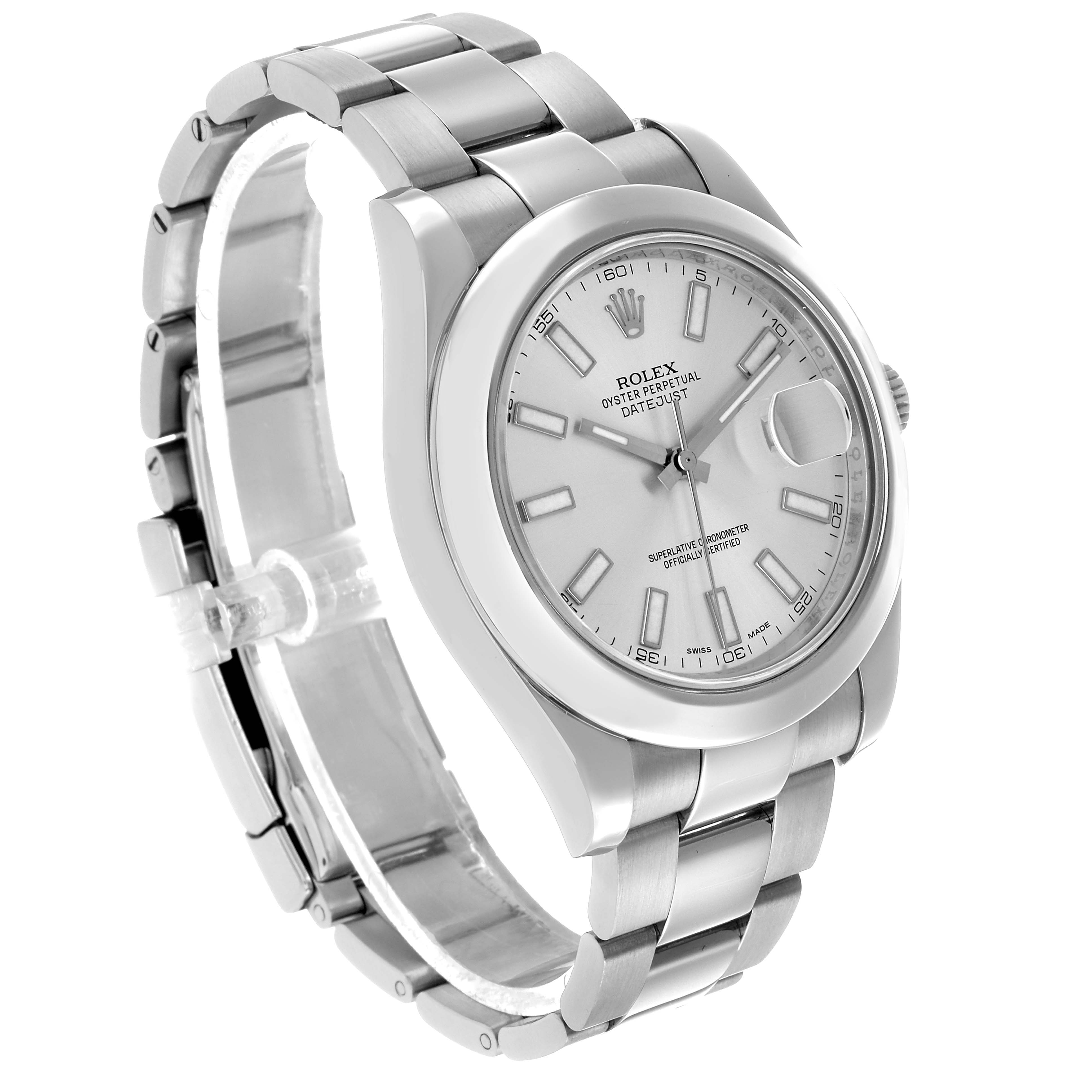 The Rolex Datejust 41 116300 Men's Stainless Steel Silver Dial is shown at an angled view, displaying the dial, case, and bracelet.
