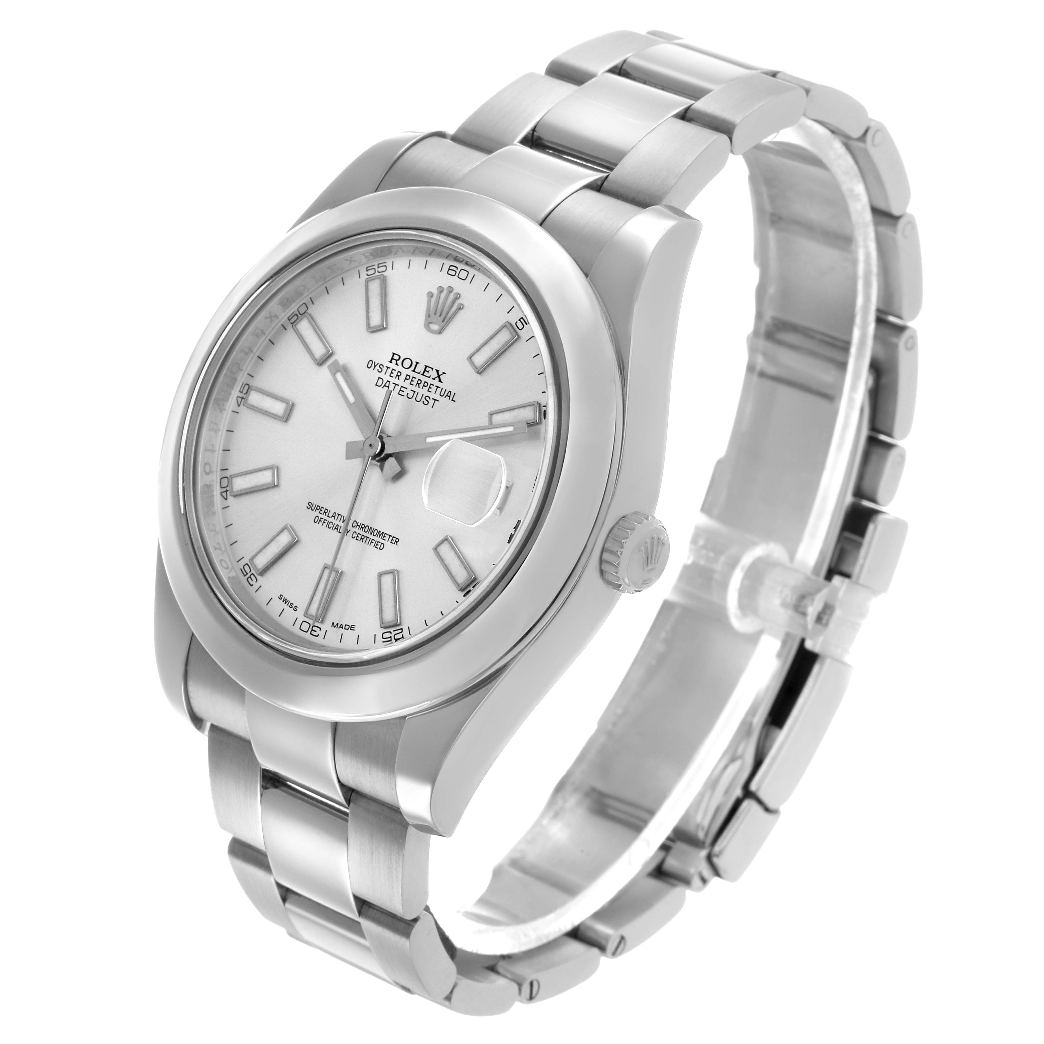 The Rolex Datejust 41 116300 Men's Stainless Steel Silver Dial is shown at a three-quarter angle, highlighting the dial, bezel, crown, and bracelet.