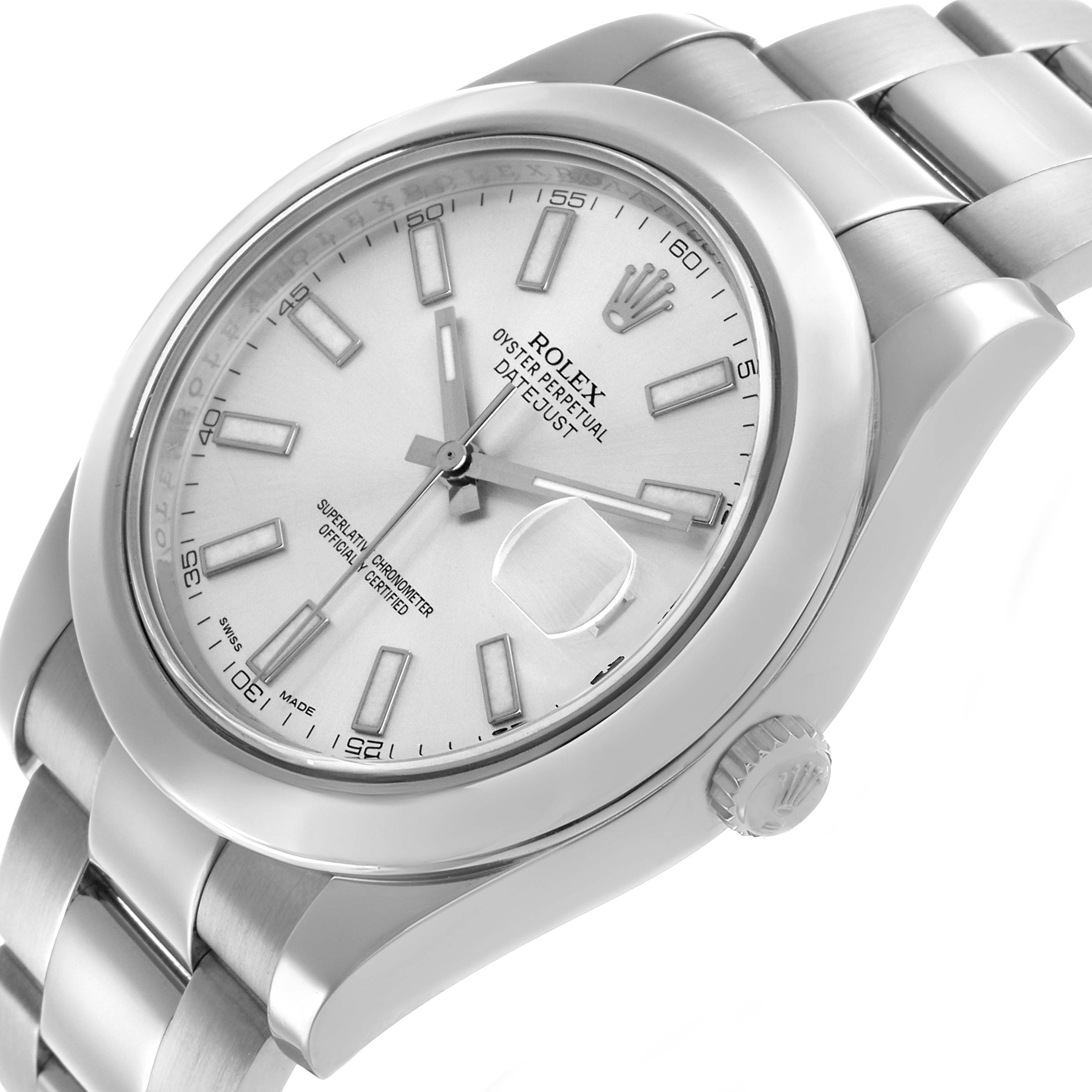 The Rolex Datejust 41 116300 Men's Stainless Steel Silver Dial watch is shown at an angled view, highlighting the dial, bezel, and stainless steel bracelet.