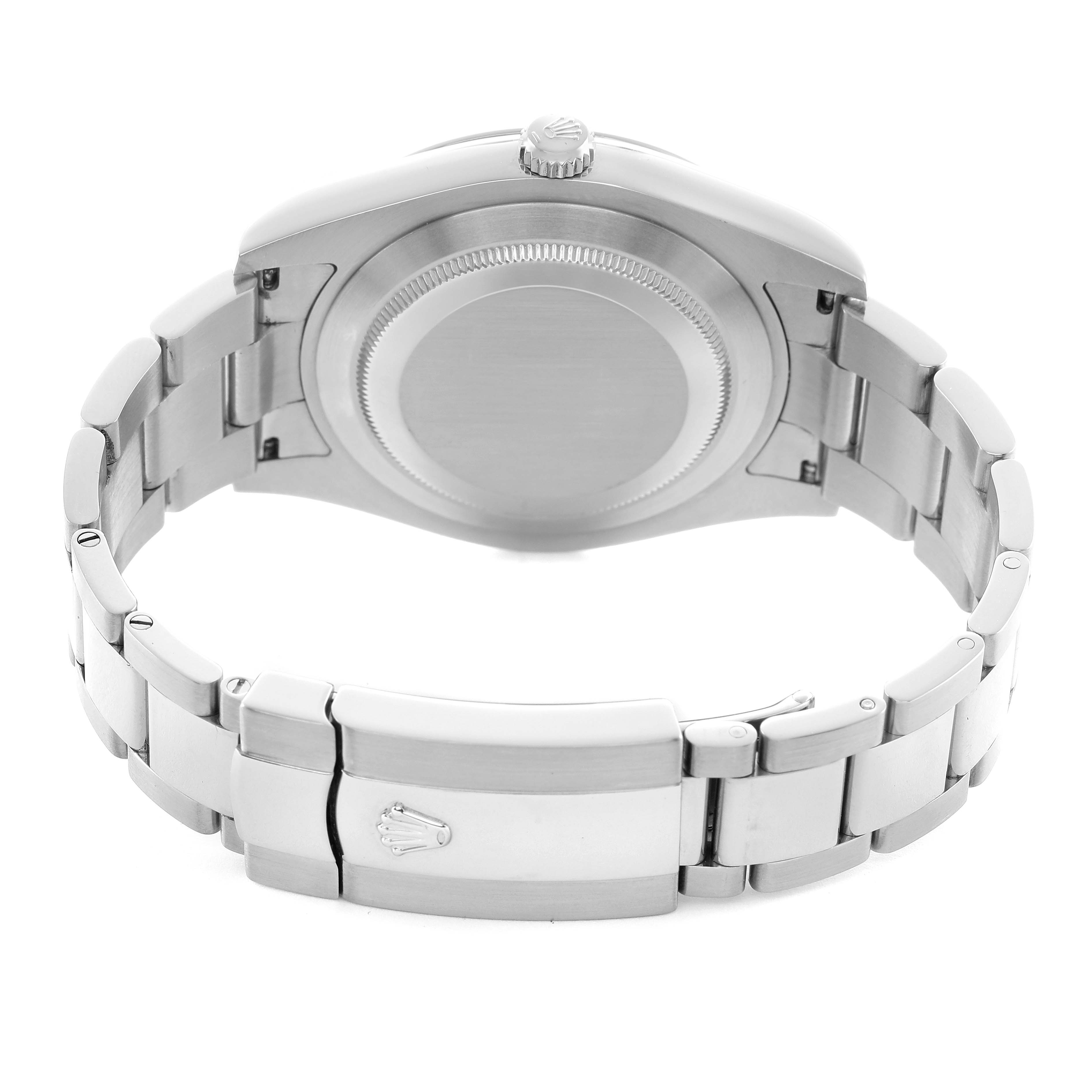 The image shows the back view of a Rolex Datejust 41 116300 Men's Stainless Steel Silver Dial, highlighting the watch case back, crown, and bracelet clasp.