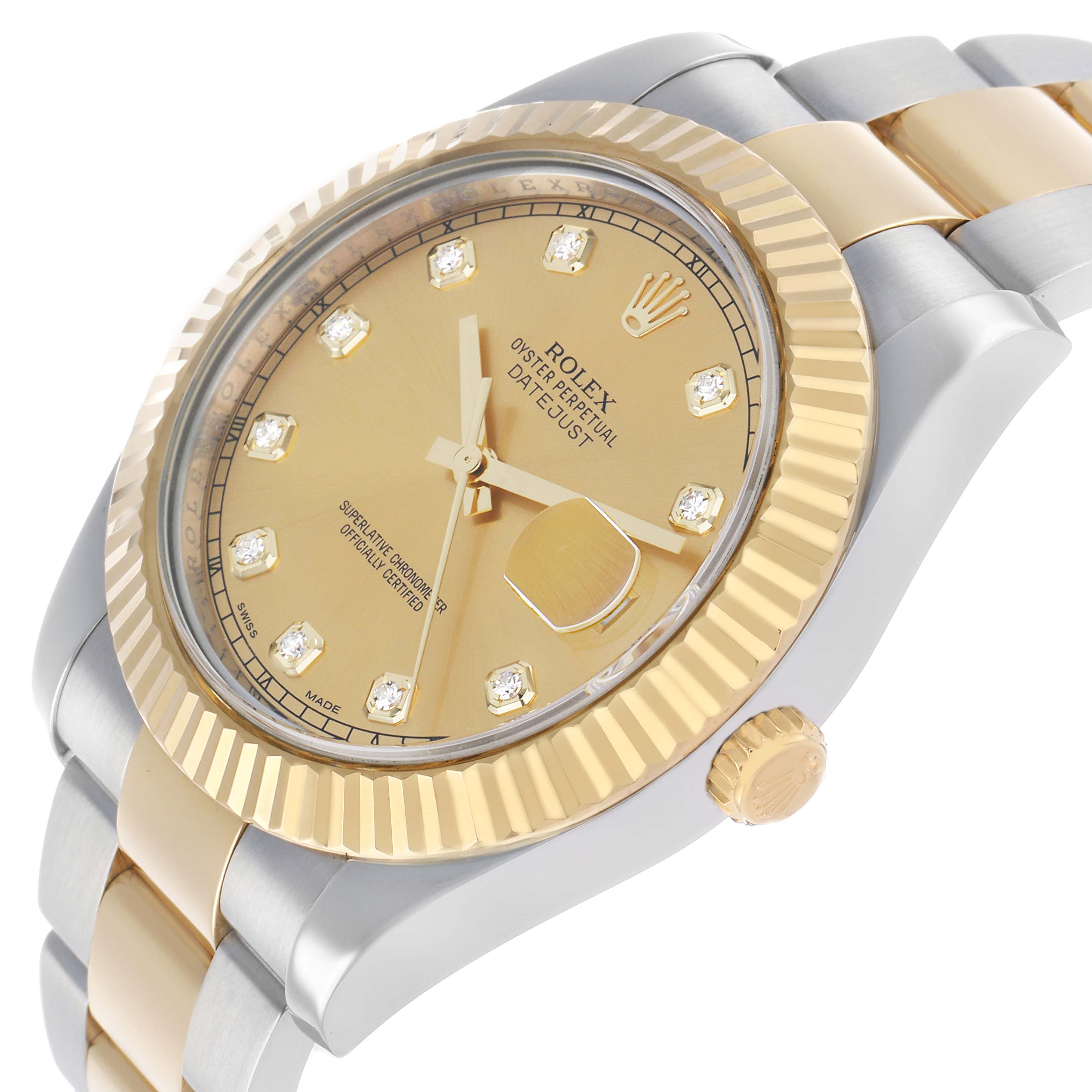 The Rolex Datejust 41 116333 Men's Steel and Gold (two tone) Champagne Dial watch is shown from a side angle, highlighting the gold and silver bezel, dial, and part of the bracelet.