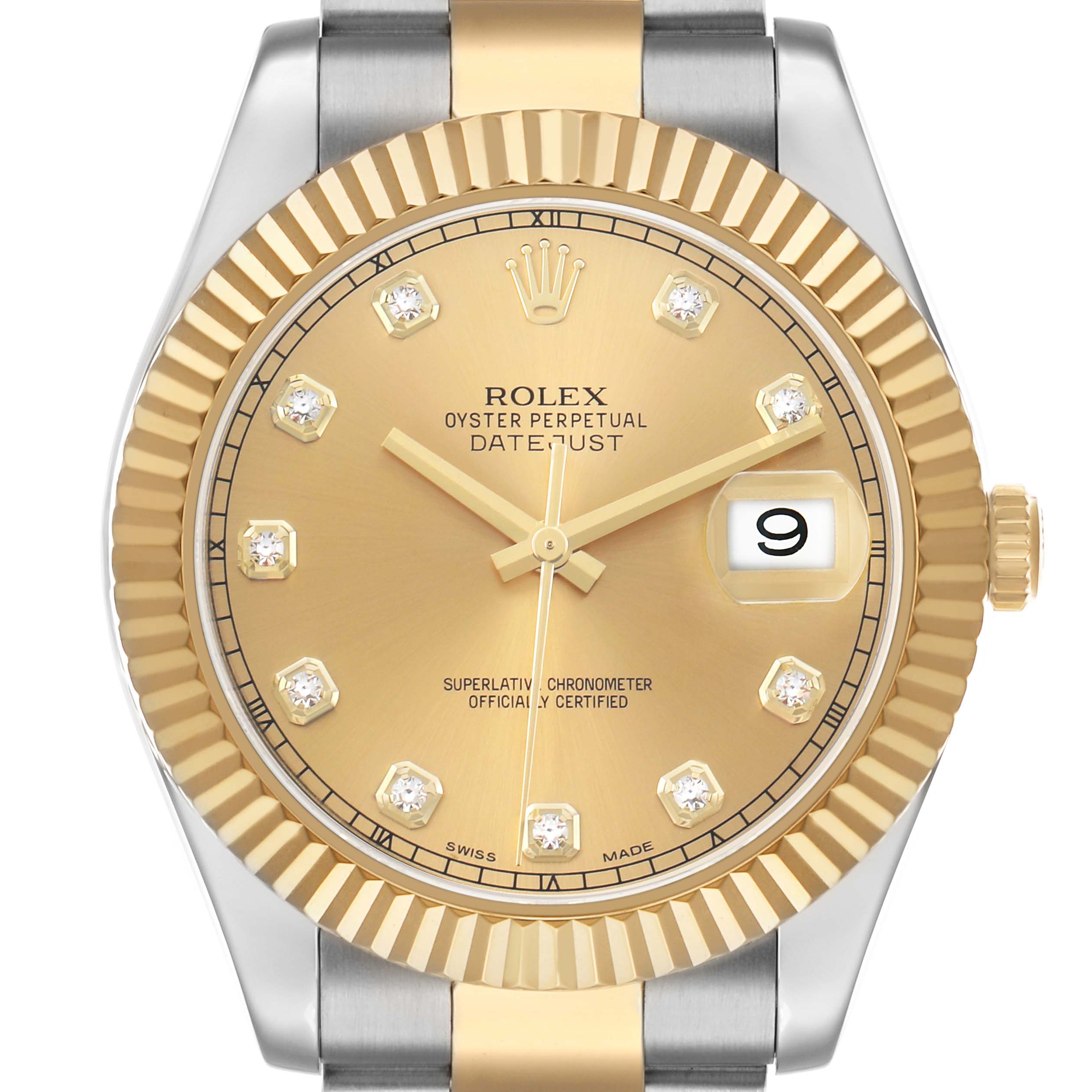 The Rolex Datejust 41 116333 Men's Steel and Gold (two tone) Champagne Dial is shown from a frontal angle, highlighting the gold dial, diamond hour markers, and fluted bezel.