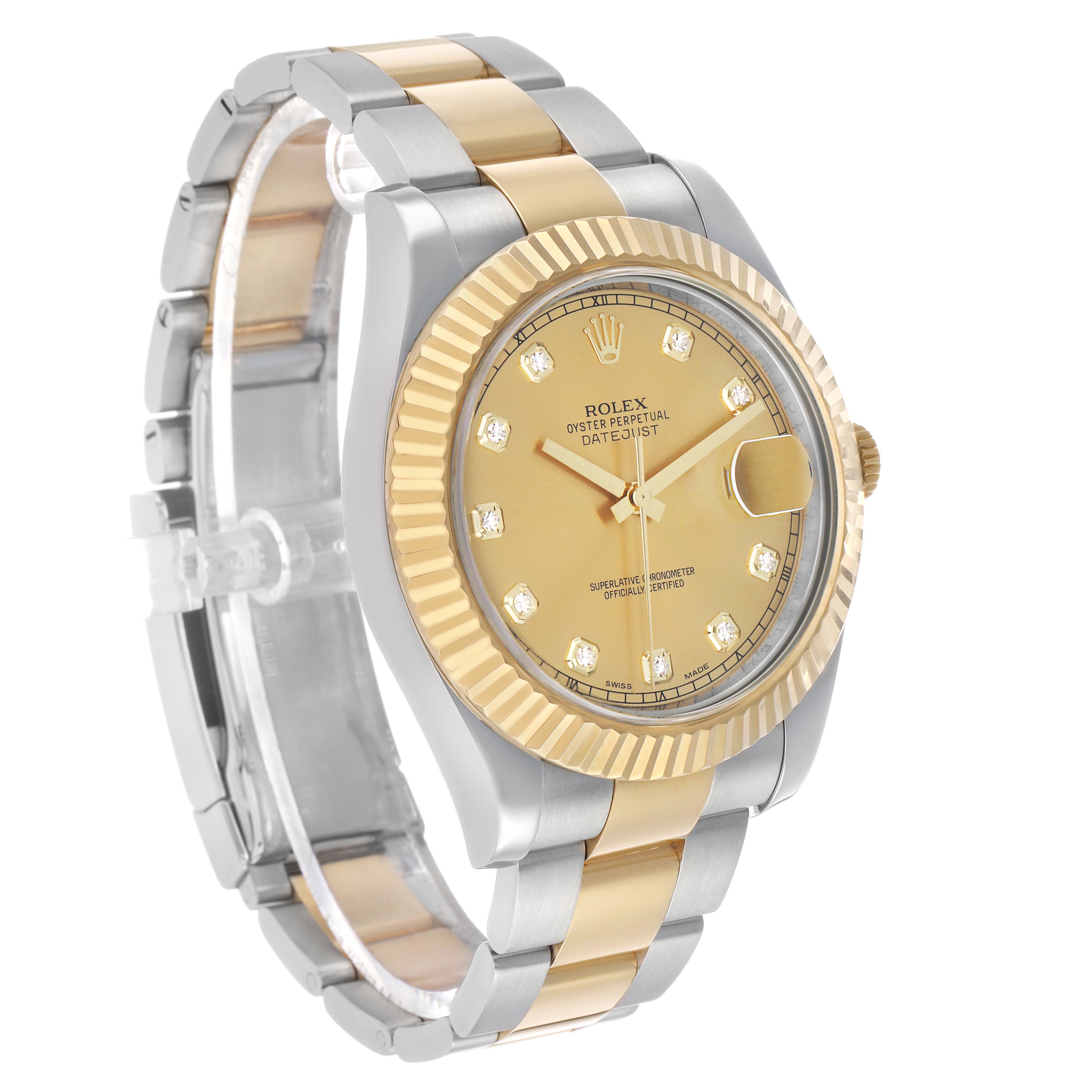 The Rolex Datejust 41 116333 Men's Steel and Gold (two tone) Champagne Dial is shown at a three-quarter angle, displaying the dial, fluted bezel, and two-tone bracelet.