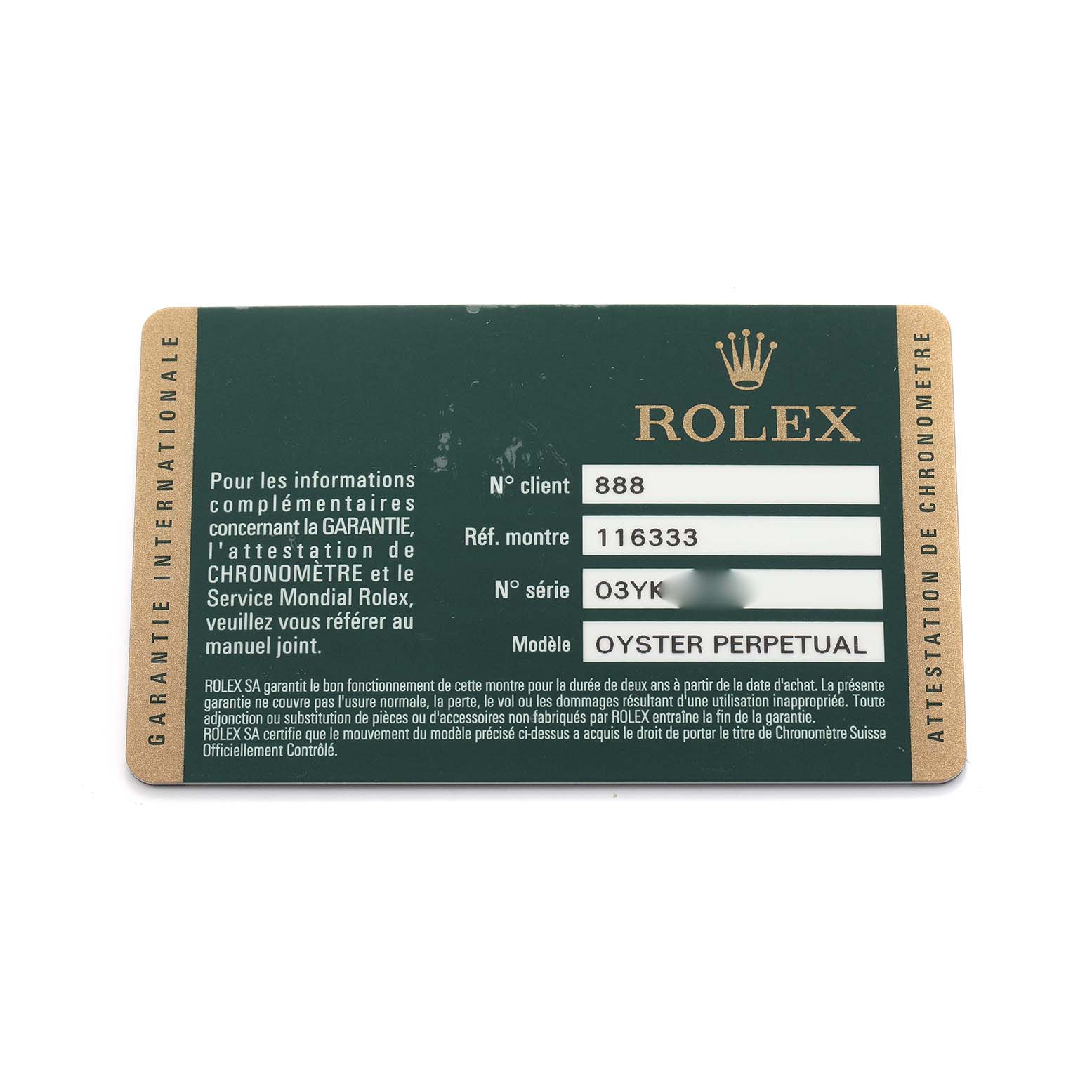 The image shows a warranty card for a Rolex Datejust 41 116333 Men's Steel and Gold (two tone) Champagne Dial model, featuring the brand logo and serial information.
