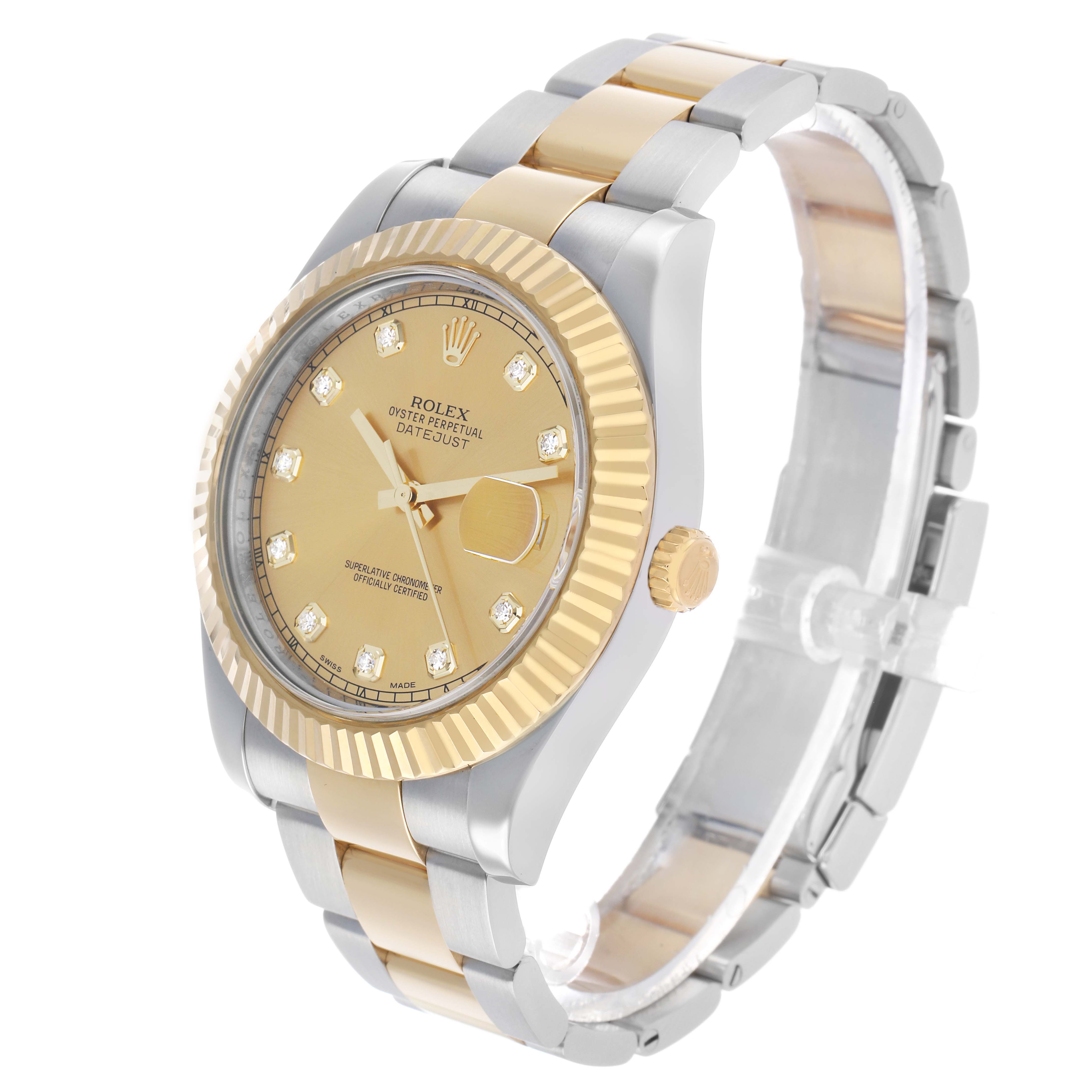 The Rolex Datejust 41 116333 Men's Steel and Gold (two tone) Champagne Dial is shown at an angled side view, highlighting the gold bezel, dial, and two-tone bracelet.