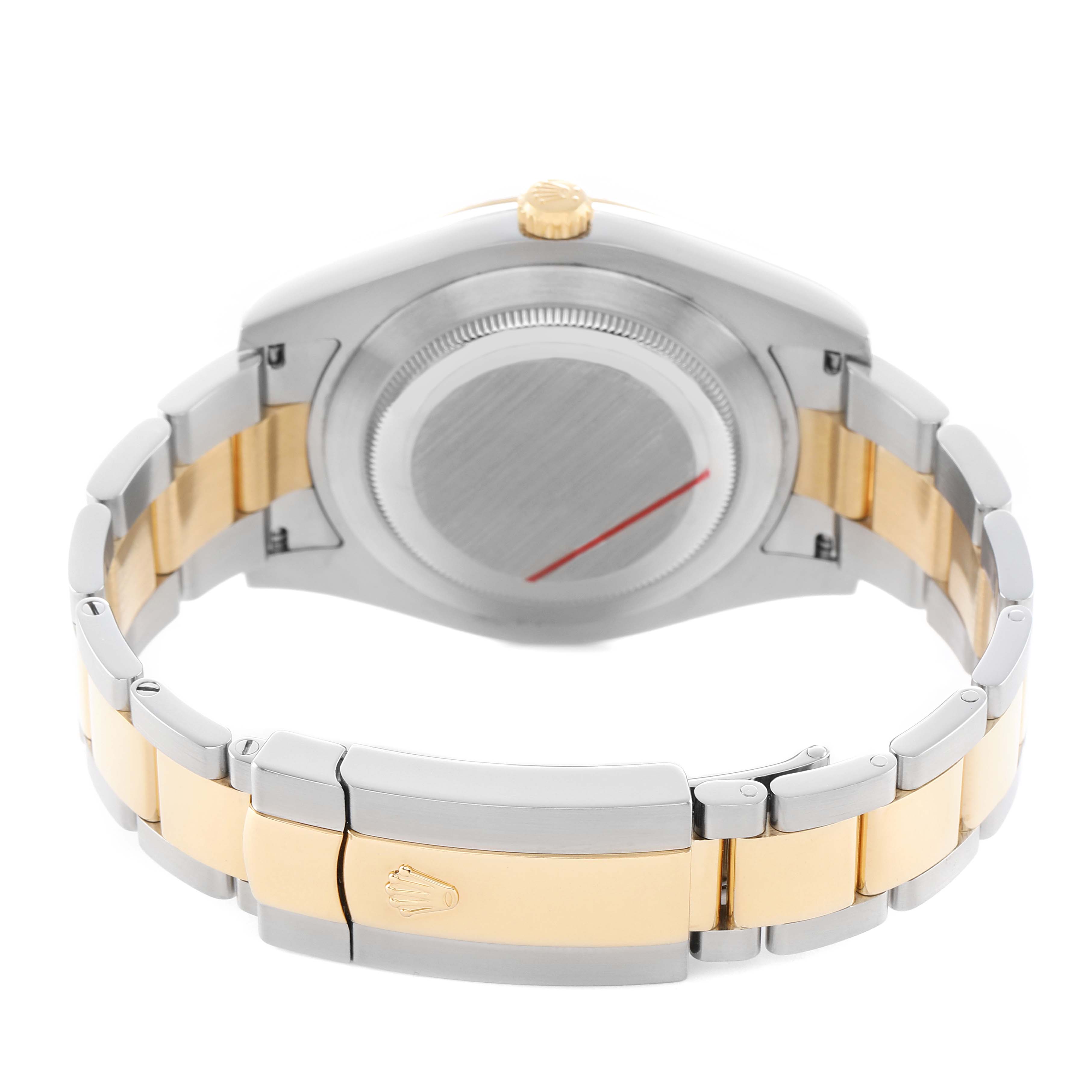 The image shows the back and bracelet of a Rolex Datejust 41 116333 Men's Steel and Gold (two tone) Champagne Dial, highlighting the case back and two-tone band.