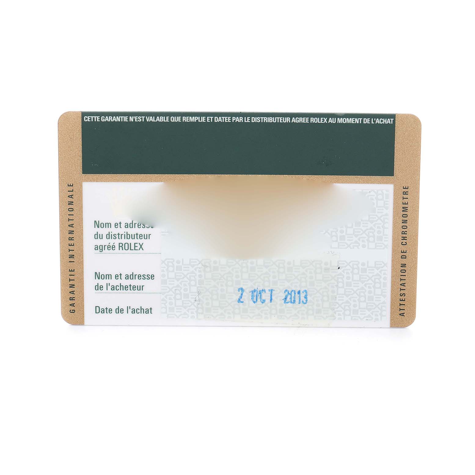 This is an image of a warranty card for the Rolex Datejust 41 116333 Men's Steel and Gold (two tone) Champagne Dial watch.