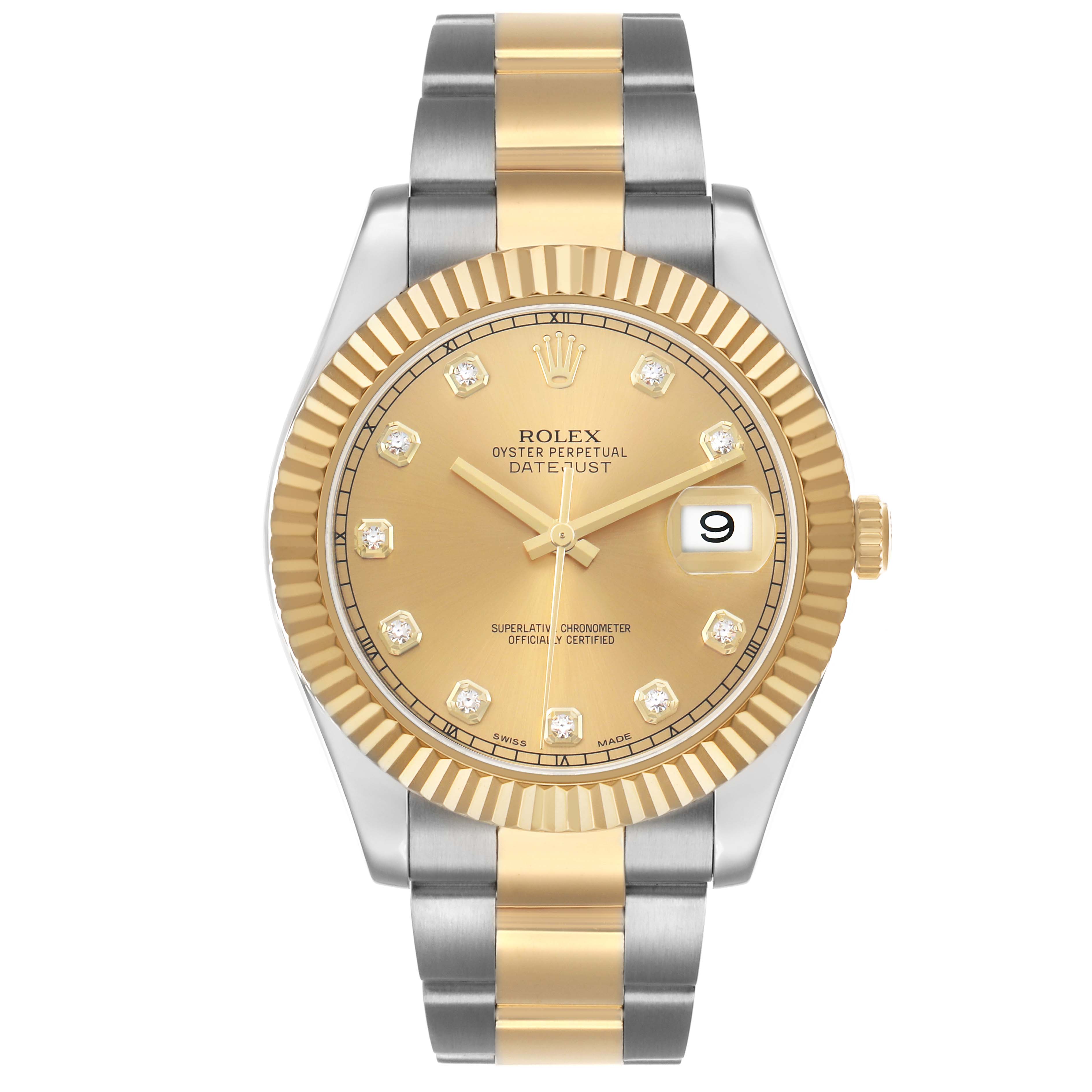 The Rolex Datejust 41 116333 Men's Steel and Gold (two tone) Champagne Dial is shown from a front angle, highlighting its gold dial, fluted bezel, and two-tone bracelet.