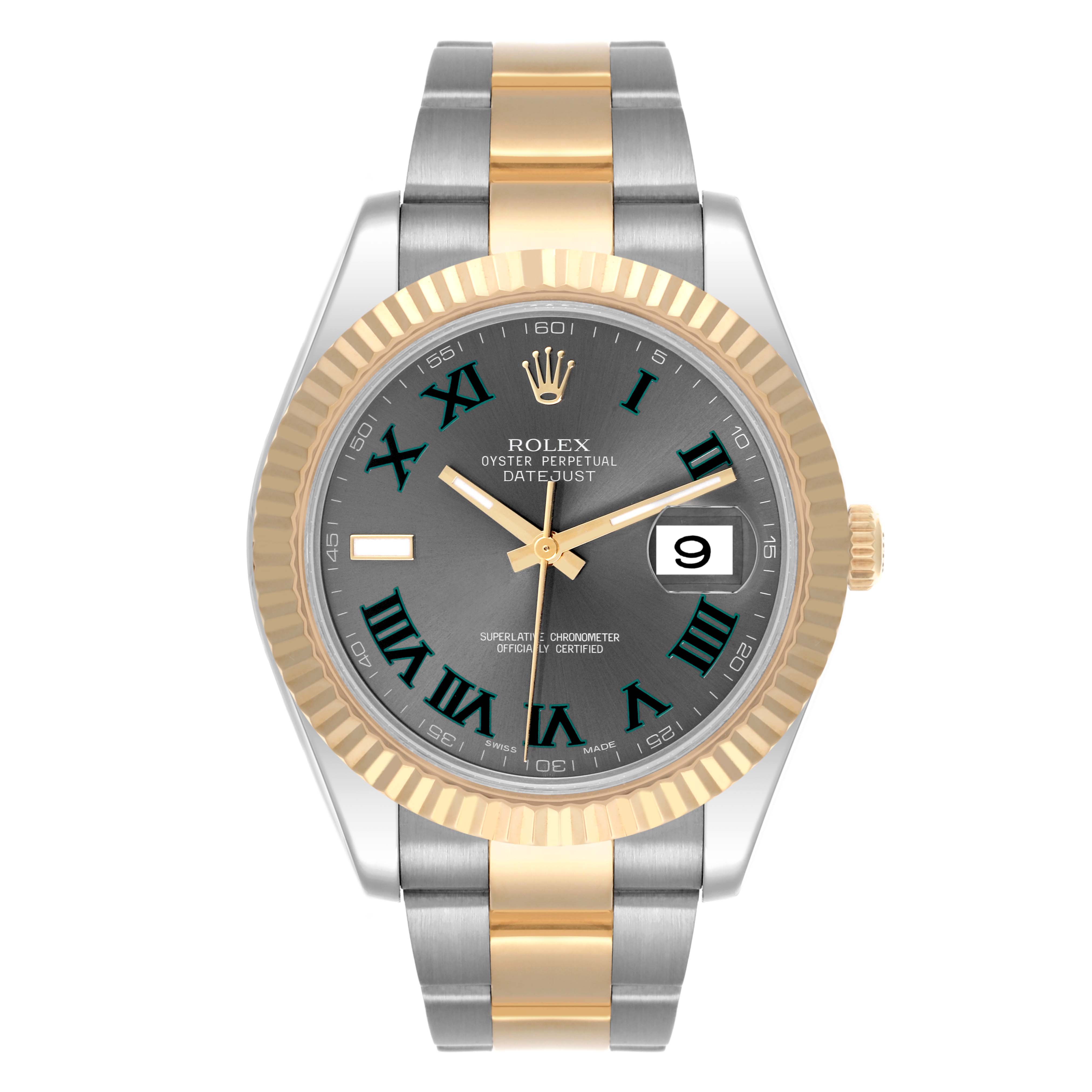 The Rolex Datejust 41 116333 Men's Steel and Gold (two tone) Grey Dial watch is shown from a front view, displaying the bezel, dial, hands, bracelet, and date feature.