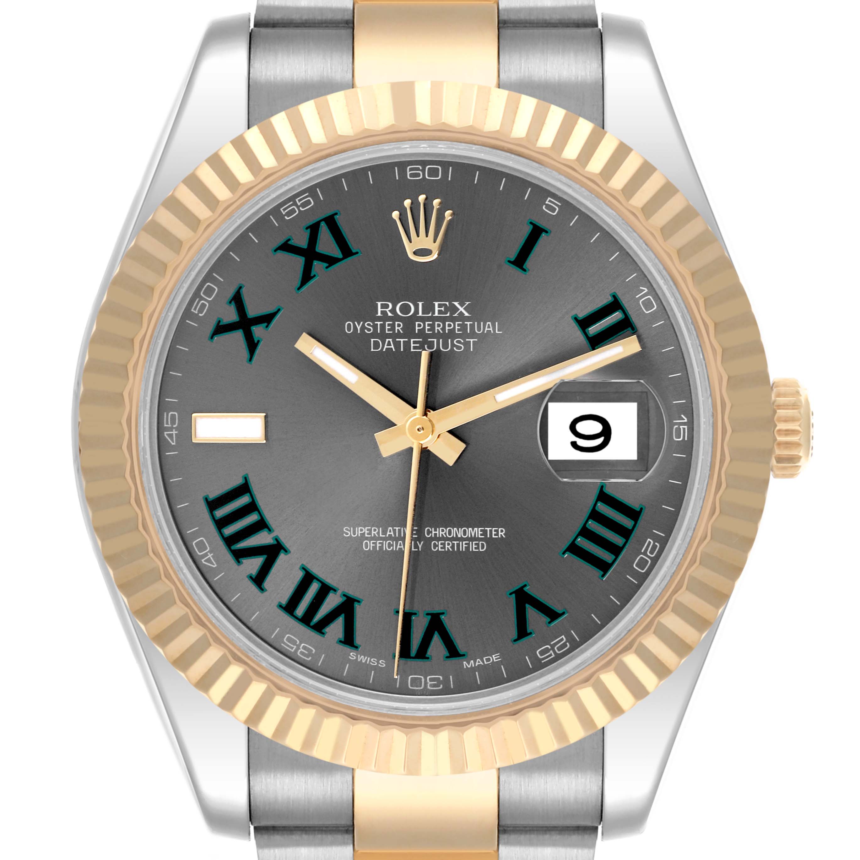 The Rolex Datejust 41 116333 Men's Steel and Gold (two tone) Grey Dial is shown from a front angle, highlighting its gold and silver bezel, detailed dial, and date window.