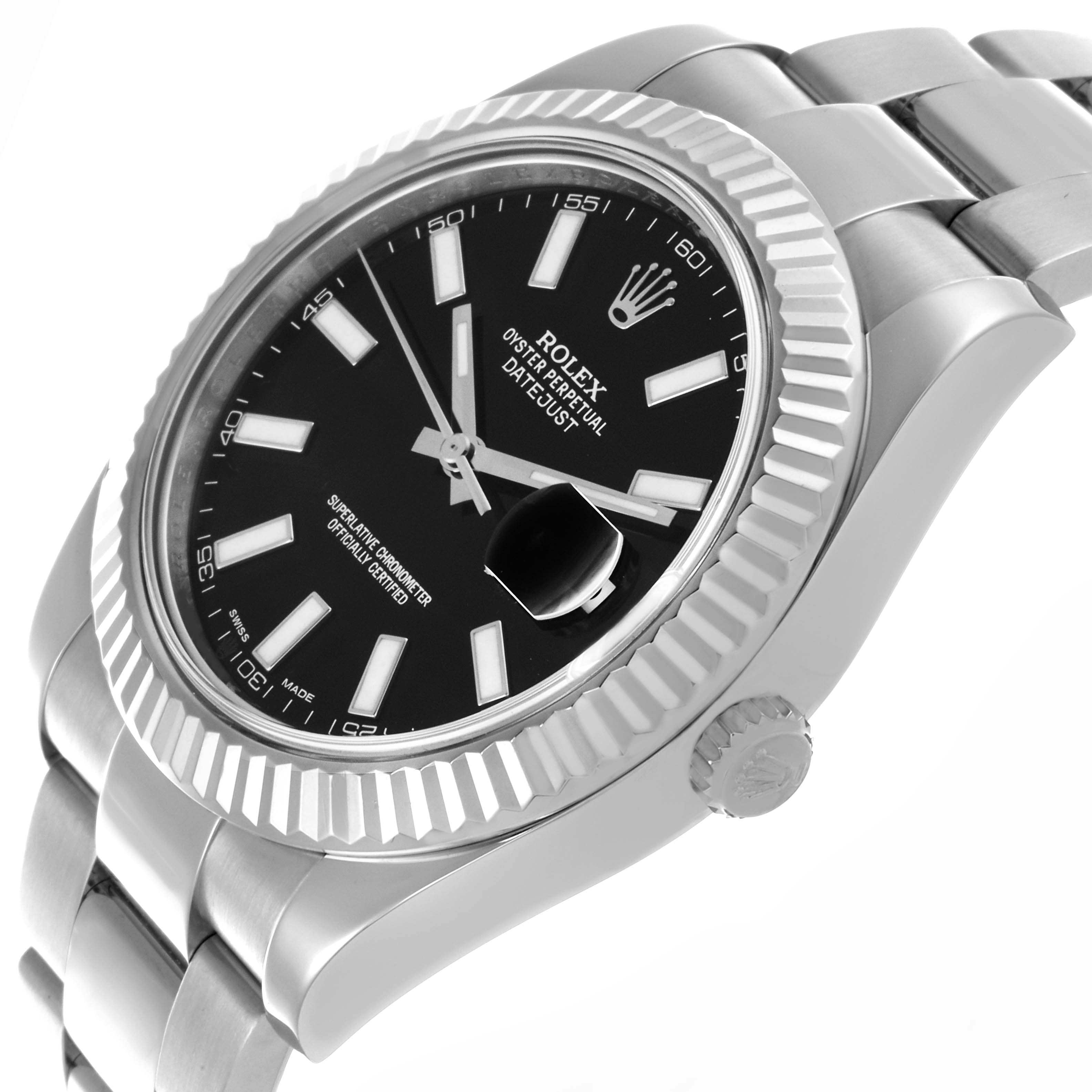 The Rolex Datejust 41 116334 Men's Stainless Steel Black Dial 116334 Men's Stainless Steel Black Dial is shown at an angle highlighting the face, fluted bezel, and part of the bracelet.