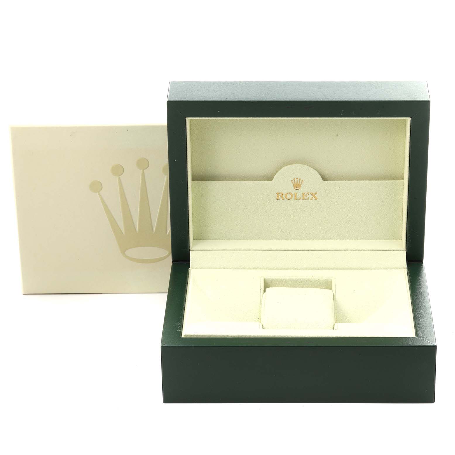 The image shows an empty Rolex Datejust 41 116334 Men's Stainless Steel Black Dial 116334 Men's Stainless Steel Black Dial watch box from a front angle, with the lid open.