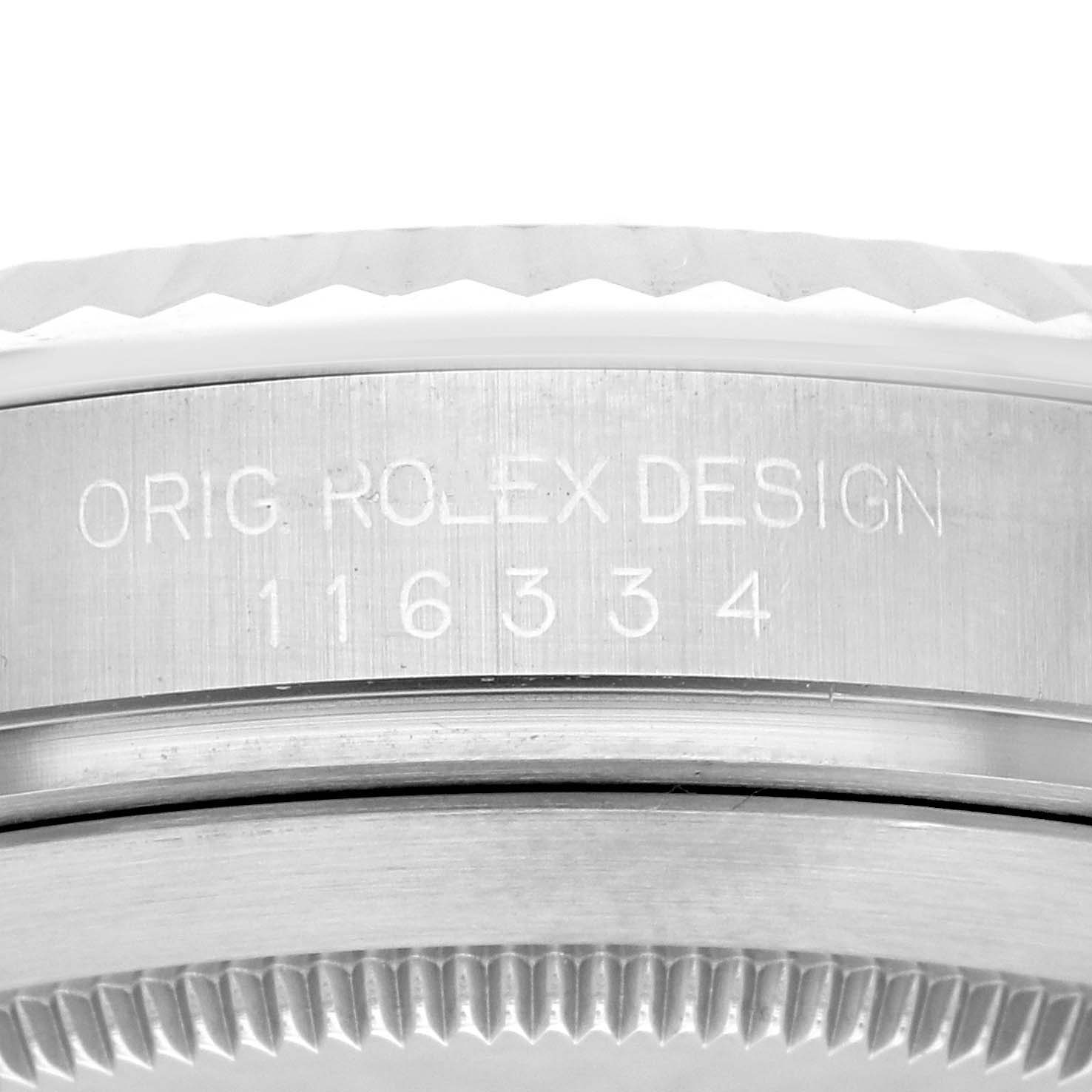 The image shows the side view of the Rolex Datejust 41 116334 Men's Stainless Steel Black Dial 116334 Men's Stainless Steel Black Dial model, displaying the original design and reference number engraving.