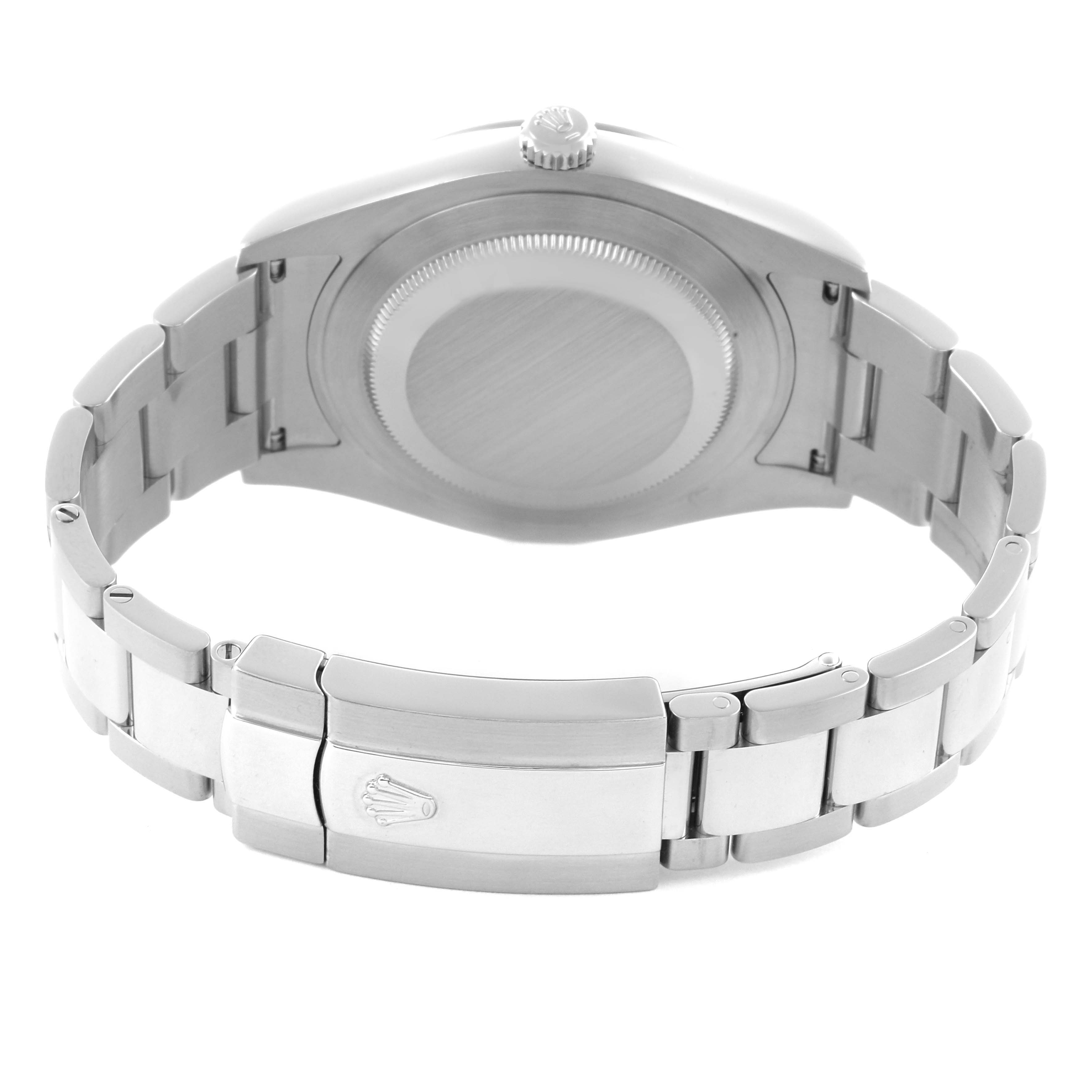 The image shows the back view of a Rolex Datejust 41 116334 Men's Stainless Steel Black Dial 116334 Men's Stainless Steel Black Dial watch, highlighting the case back and bracelet clasp.