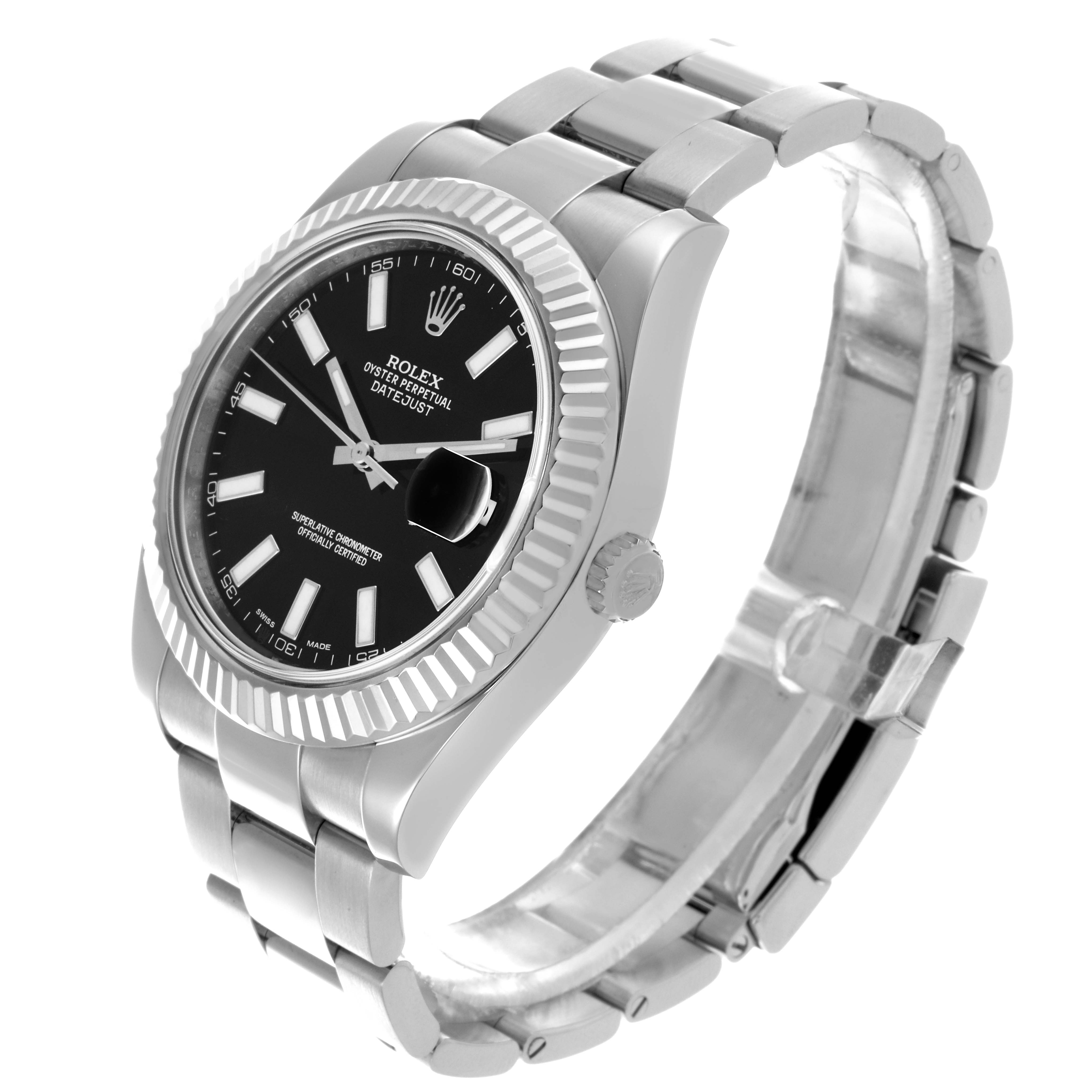 The Rolex Datejust 41 116334 Men's Stainless Steel Black Dial 116334 Men's Stainless Steel Black Dial watch is shown at a three-quarter angle, displaying the dial, case, crown, and bracelet.