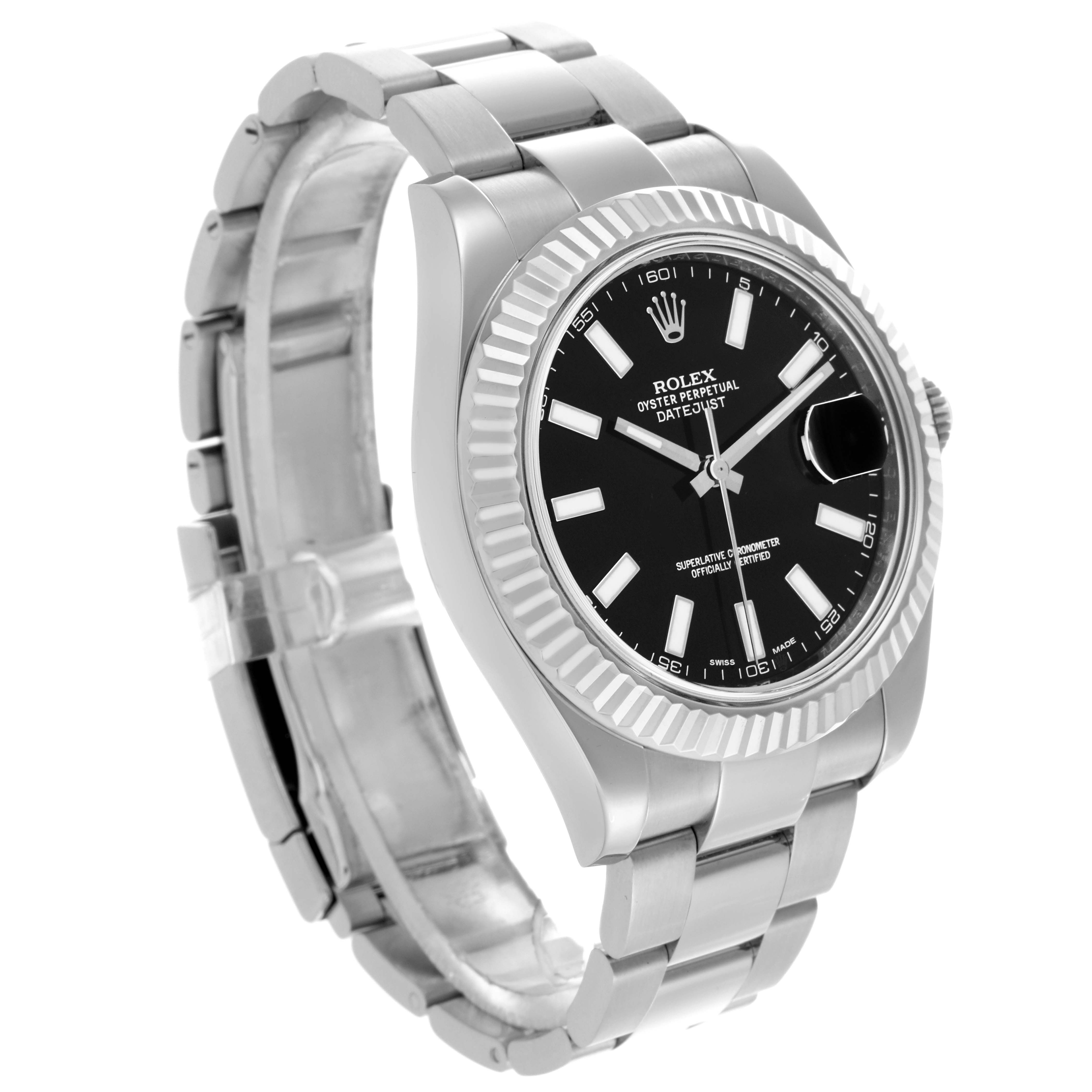 The Rolex Datejust 41 116334 Men's Stainless Steel Black Dial 116334 Men's Stainless Steel Black Dial is shown at an angle highlighting the dial, bezel, and bracelet.