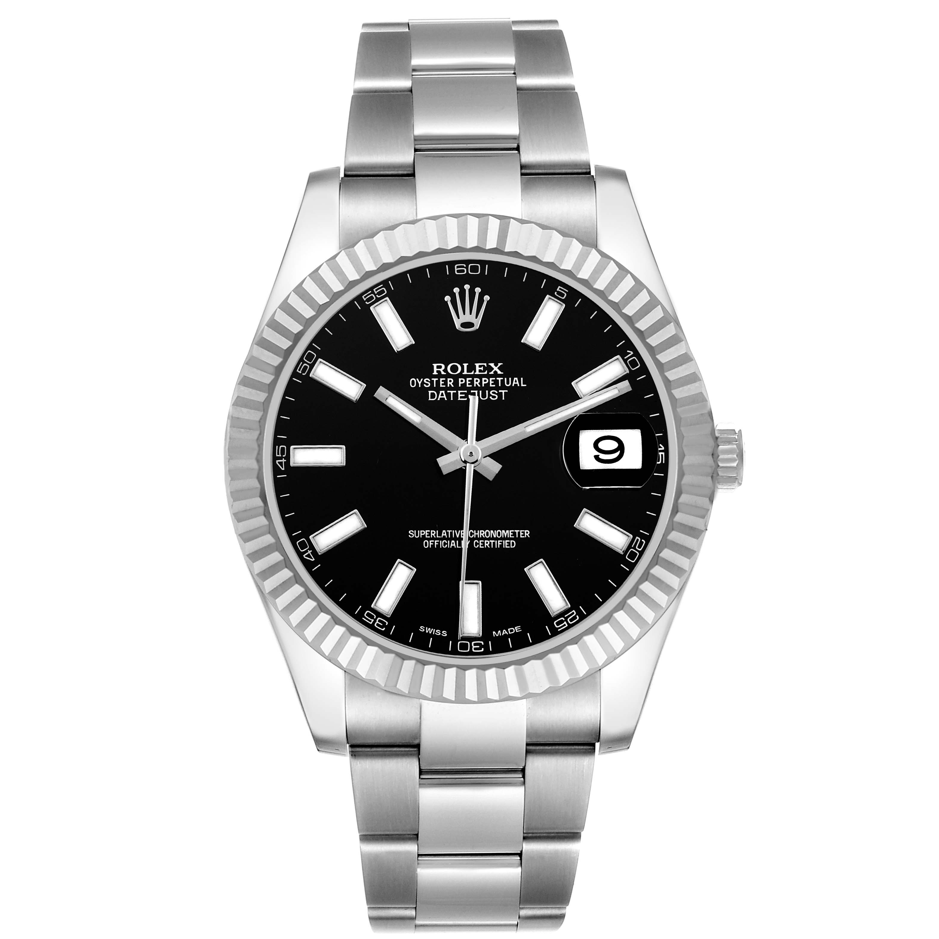 The Rolex Datejust 41 116334 Men's Stainless Steel Black Dial 116334 Men's Stainless Steel Black Dial watch is shown from a front angle, displaying its black dial, fluted bezel, and stainless steel bracelet.