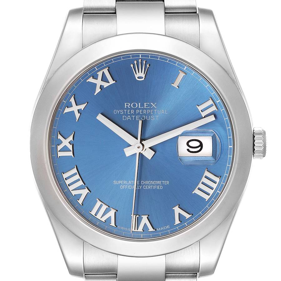 The image shows a front view of the Rolex Datejust 41, highlighting the blue dial, Roman numerals, and date window.