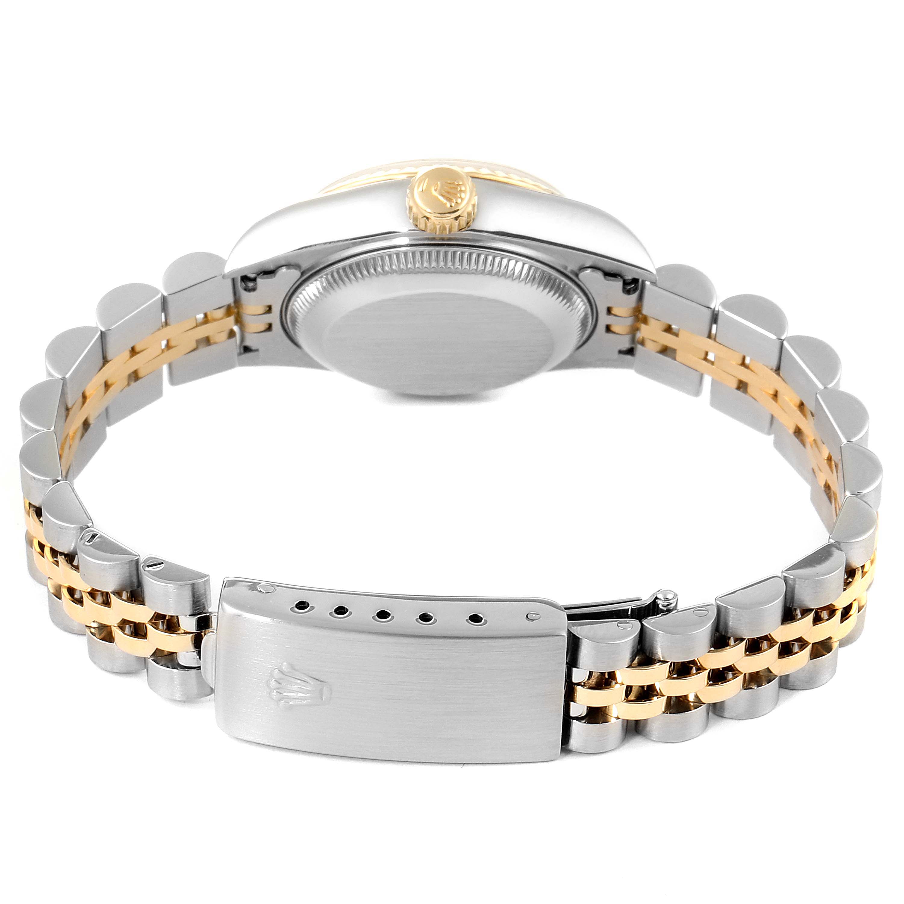 The image shows the back and bracelet of a Rolex Datejust 69173 Women's Steel and Gold (two tone) Champagne Dial 69173 Women's Steel and Gold (two tone) Champagne Dial watch, highlighting its two-tone metal design and clasp.
