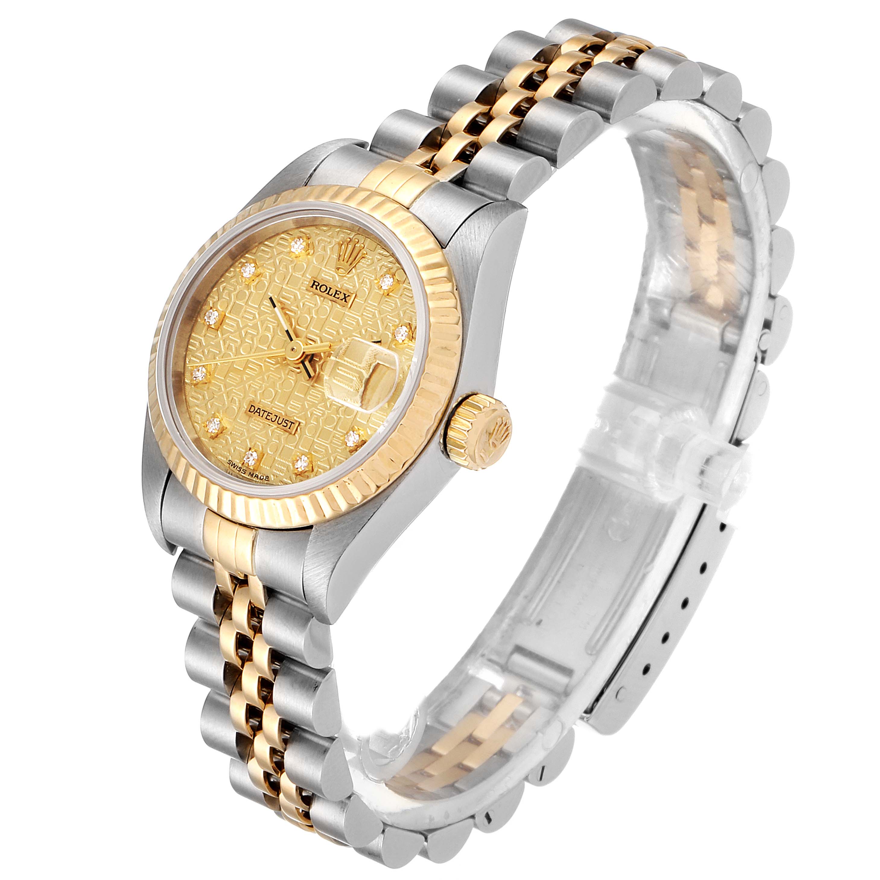 The image shows a Rolex Datejust 69173 Women's Steel and Gold (two tone) Champagne Dial 69173 Women's Steel and Gold (two tone) Champagne Dial watch angled slightly from the front, displaying the dial, bezel, crown, and bracelet.